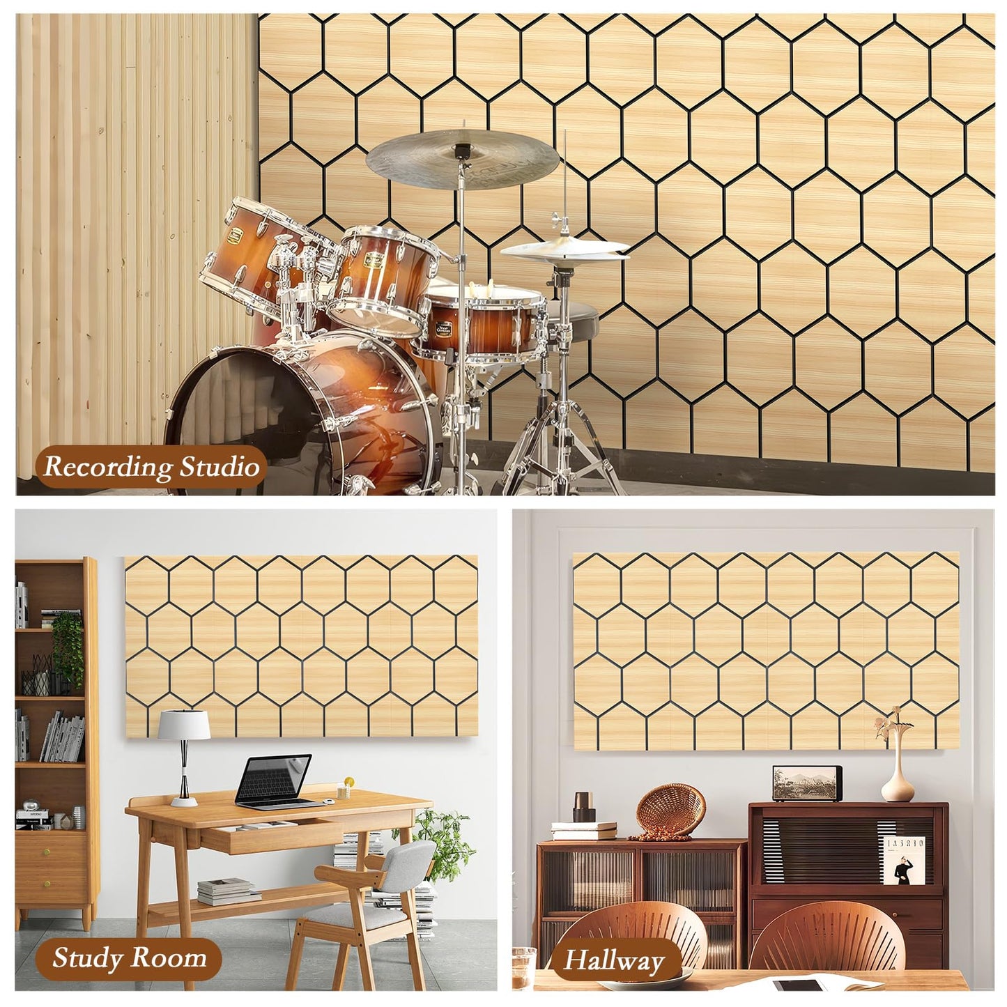 4Pack Acoustic Wall Panel Self-Adhesive Soundproof Foam Panels for Wall, 3D Perforated Tri-Layer Polyester Fiber Decorative Acoustic Insulation for Recording Studio, Office, Home, 24×12×1.78", Hexagon