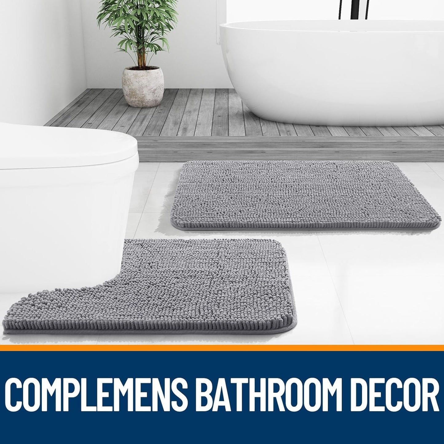 OLANLY Chenille Bath Rug Set - U-Shaped Toilet Rug & Bathroom Mats | Grey, 3-Piece Bundle (30x20, 24x20)