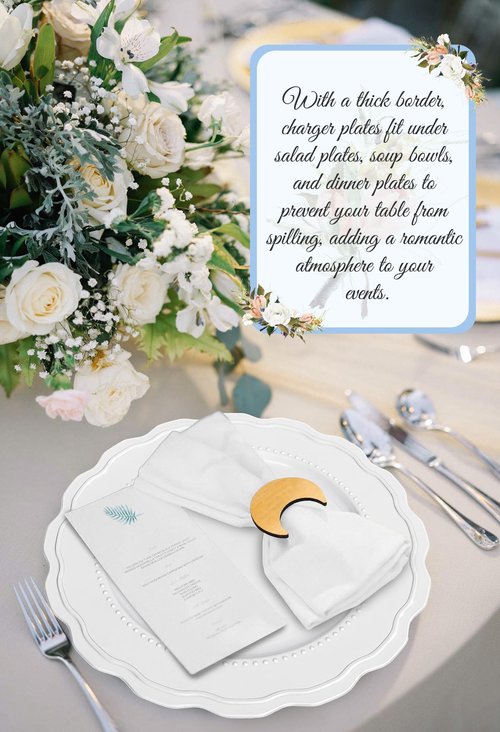 50 Pack Silver Charger Plates, 13 Inch Silver Chargers Plastic Round Dinner Charger Plates Bulk Decorative Beaded Flower Plate Chargers for Wedding Party Event Bridal Shower Elegant Tabletop Decor