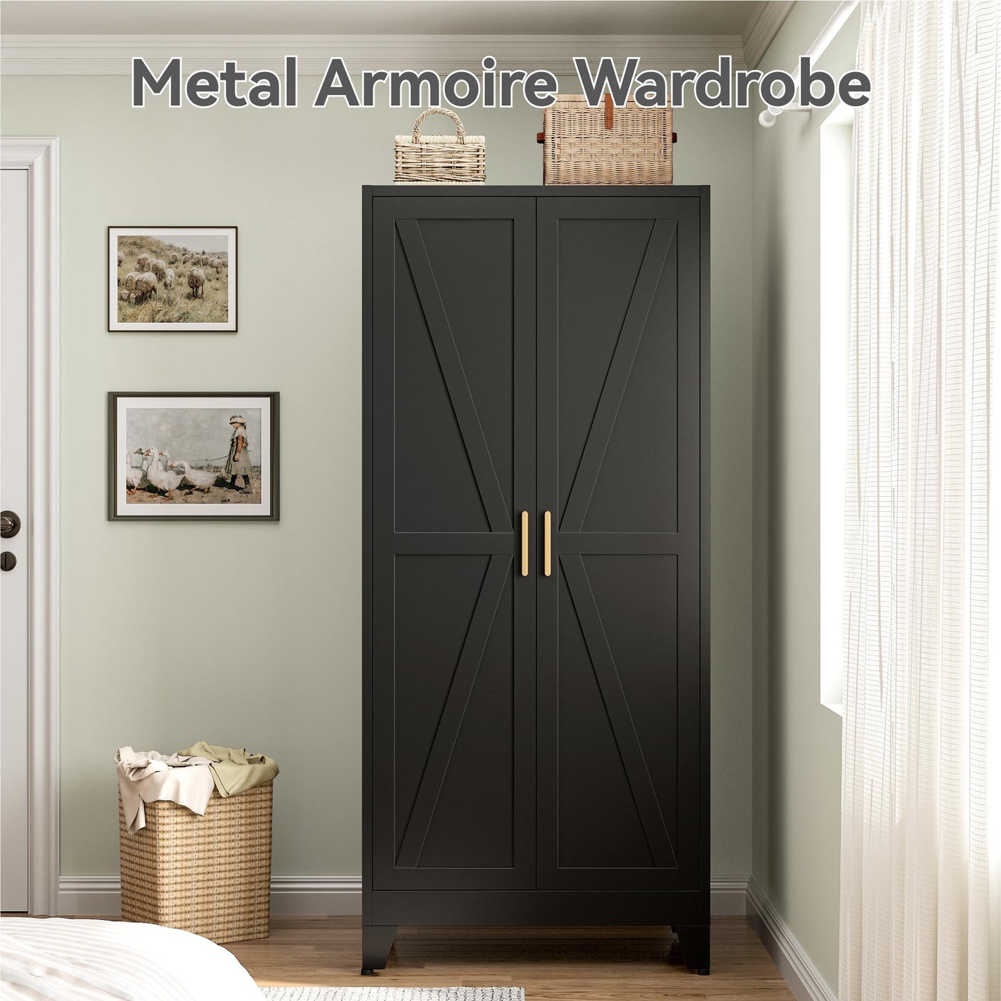 Metal Broom Closet Cabinet, Utility Storage Cabinet with 4 Shelves, Farmhouse Metal Closet with Doors, 71" Tall Storage Cabinets with Hanging Rod and Clothing Shelf for Hallway Laundry Mudroom
