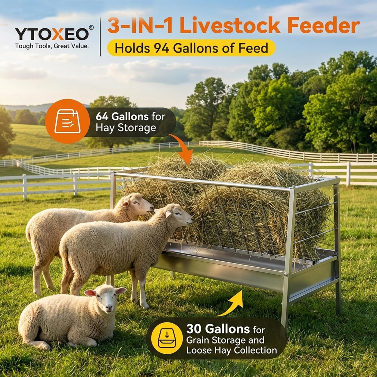 3 in 1 Grain|Water|Hay Feeder, 94-Gallon Capacity|8.0'' Deeper Feeding Pan, Stainless Steel Goat Hay Feeder, 63" Long Livestock Hay Rack for Goats, Sheep, Cow, Horse