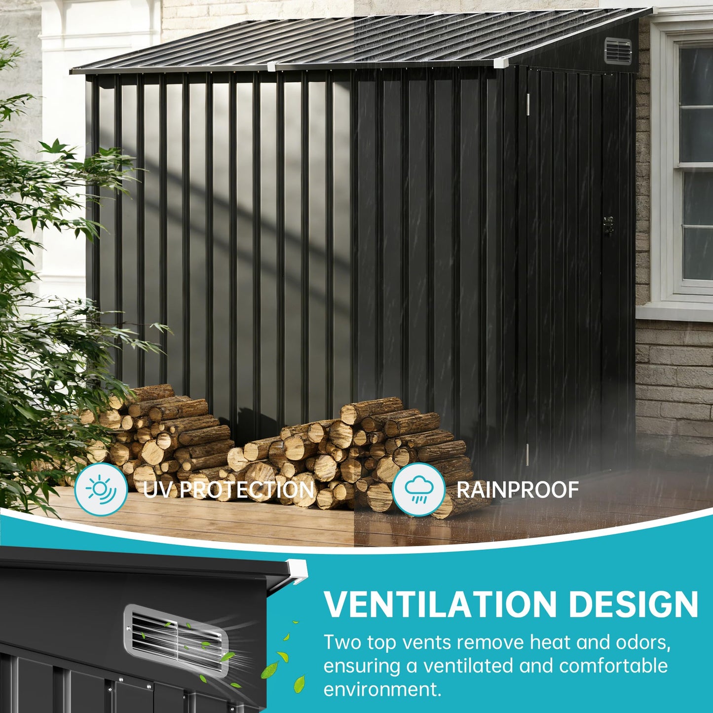 4x6 Lean to Yard Storage Shed, Outdoor Metal Wall Side Bike Shed with Lockable Door for Tool Garden for Patio Lawn Yard, Black