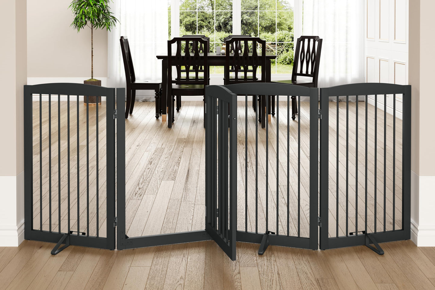 PUPETPO Freestanding Dog Gates with Door Walk Through, Pet Gate for Stairs, 80 inch Wide Gates Indoor, Dog Fences Indoor, Support Feet Included, 4 Panels, 32" Tall, Grey