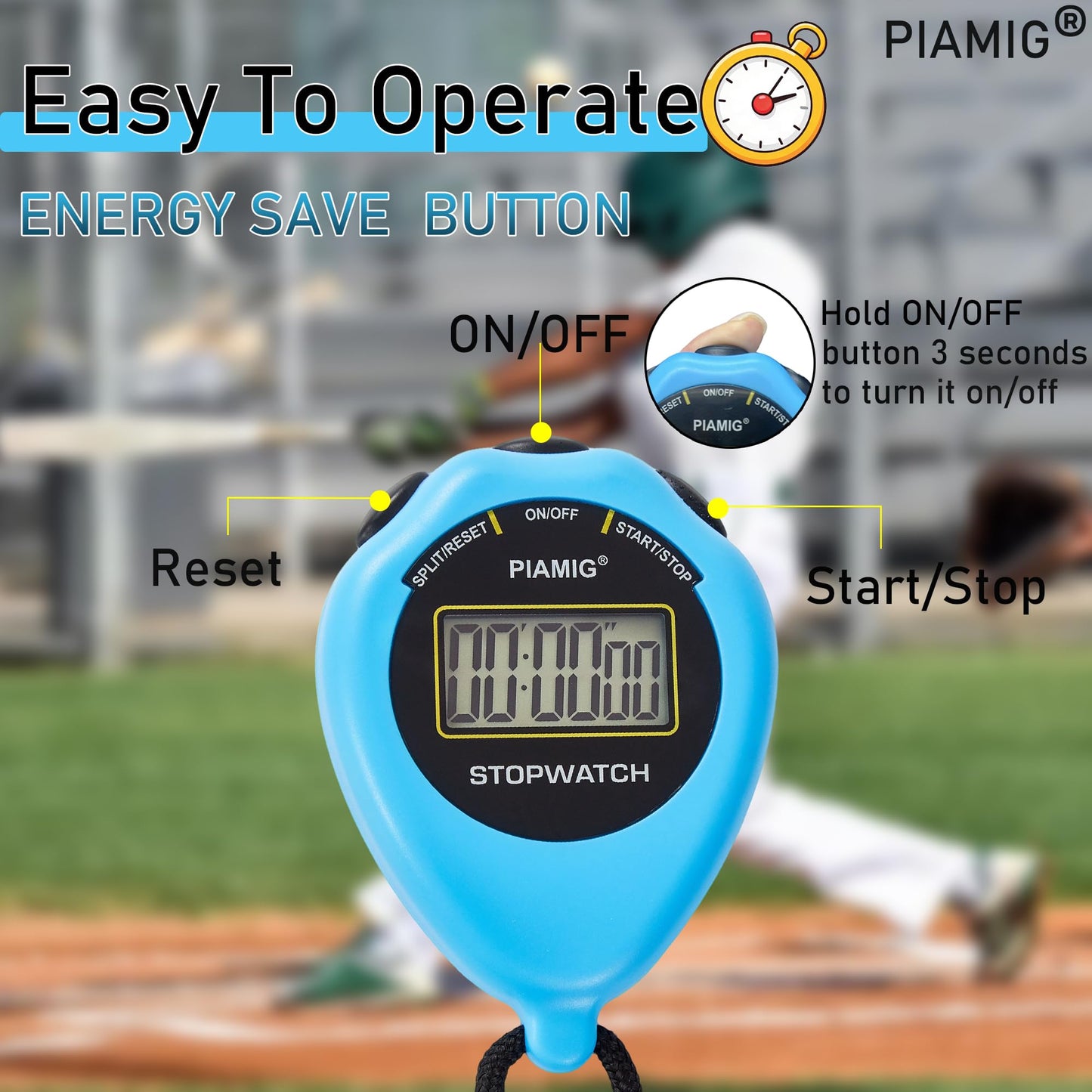 PIAMIG Simple Stopwatch Sport Timer Only Stopwatch Mode, 2 Pack Large Display Digital Stopwatch Timer with On/Off Function, No Alarm Silent Digital Stop Watch for Sports Kids Coaches (Blue)
