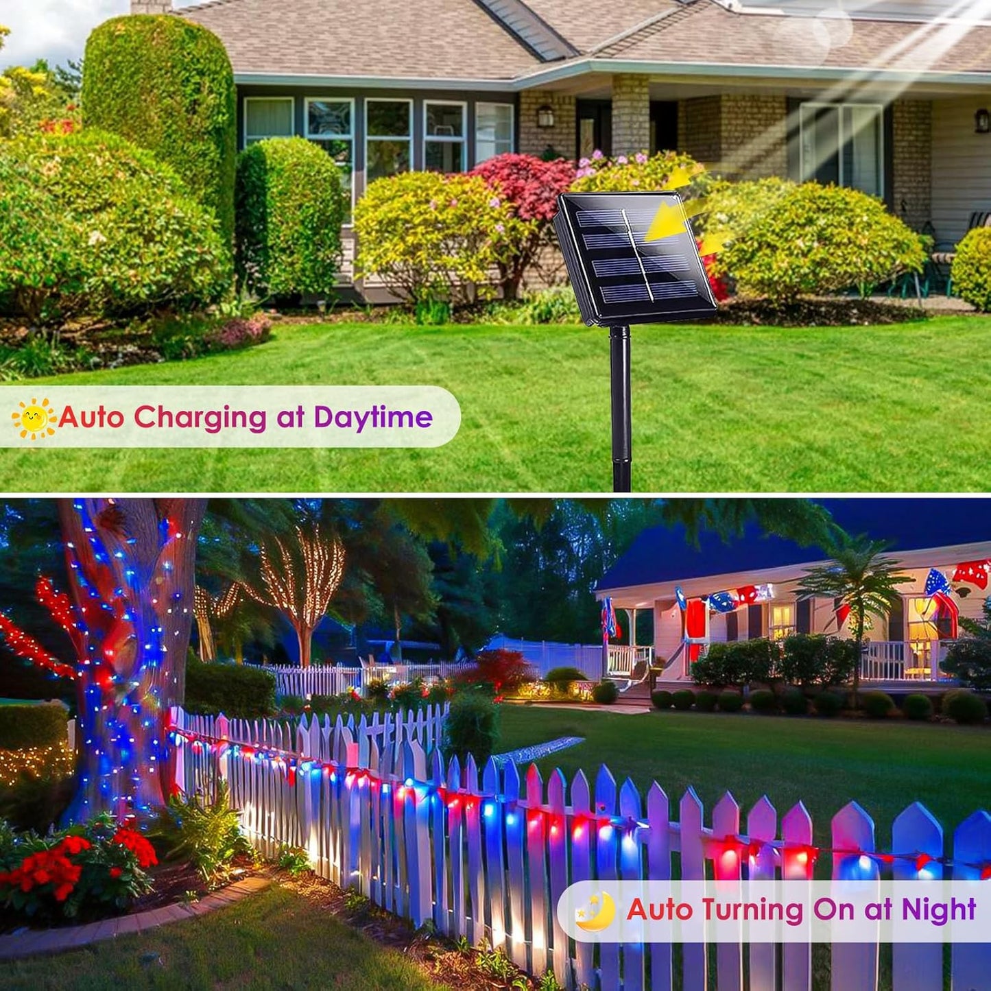 Skiennix 4th of July Outdoor Decorations - 4-Pack Red, White & Blue Solar String Lights | 400 LED, 132FT, Waterproof