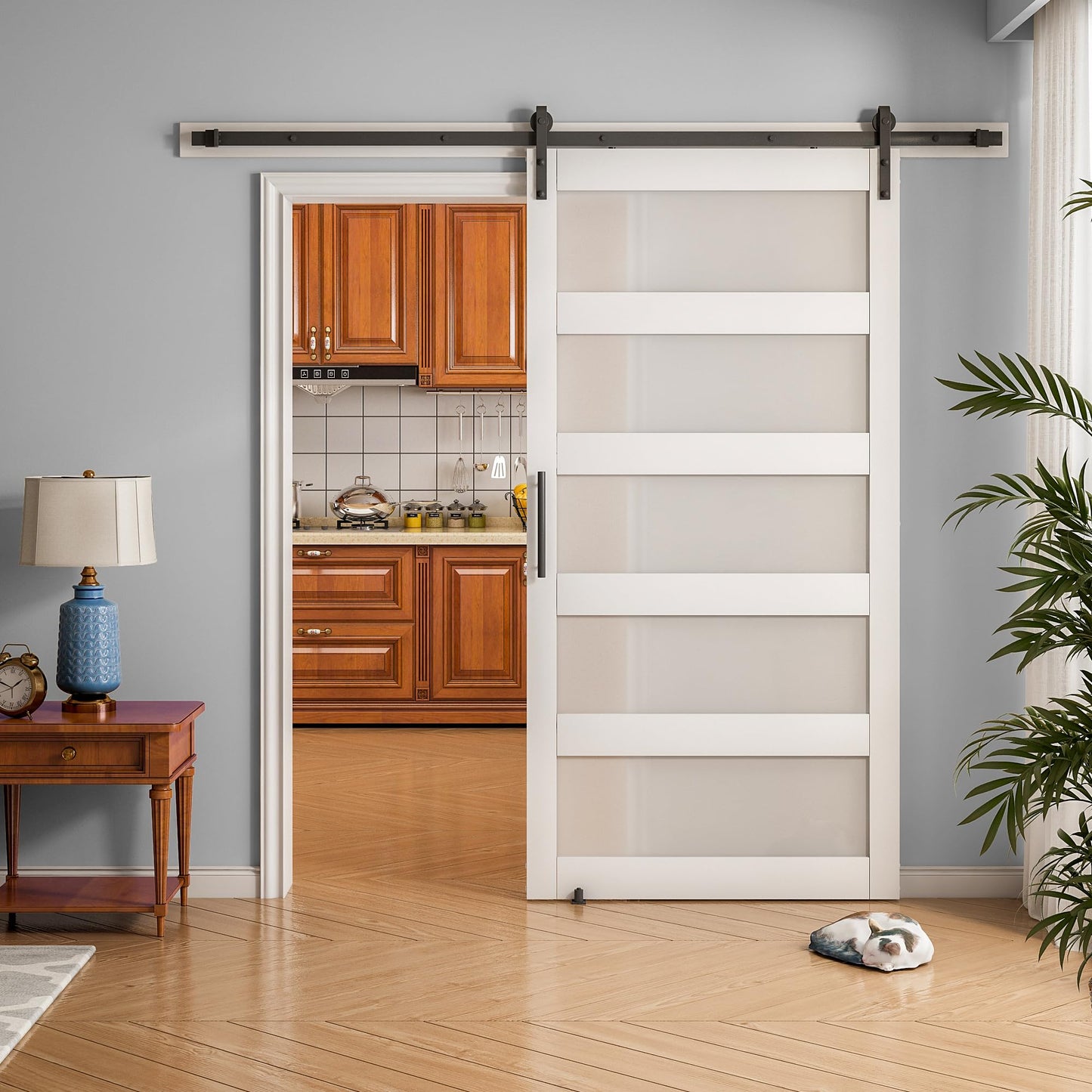 OHTOMO 36 in x 84 in Sliding Barn Door, 5-Lite Frosted Glass Door with 6.6FT Hardware Kit, Floor Guide Included, Waterproof PVC Surface, Pre-Drilled Holes, Need Assembly for Bathroom Kitchen White