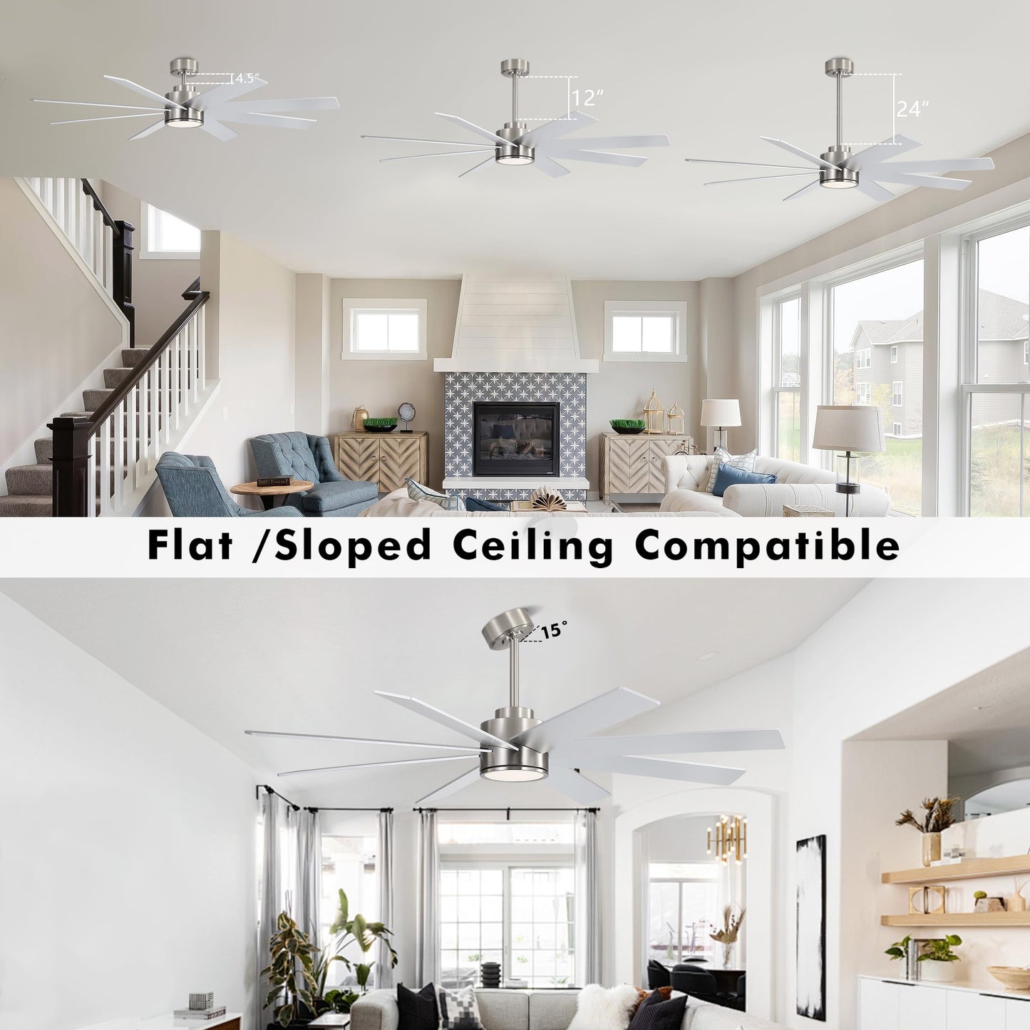 WINGBO 72" Large DC Ceiling Fans with Lights and Remote, 3 Downrods, 8 Plywood Blades, 6-Speeds Reversible DC Motor, 3CCT, Indoor Ceiling Fan for Bedroom Living Room Patio, Brushed Nickel and Silver