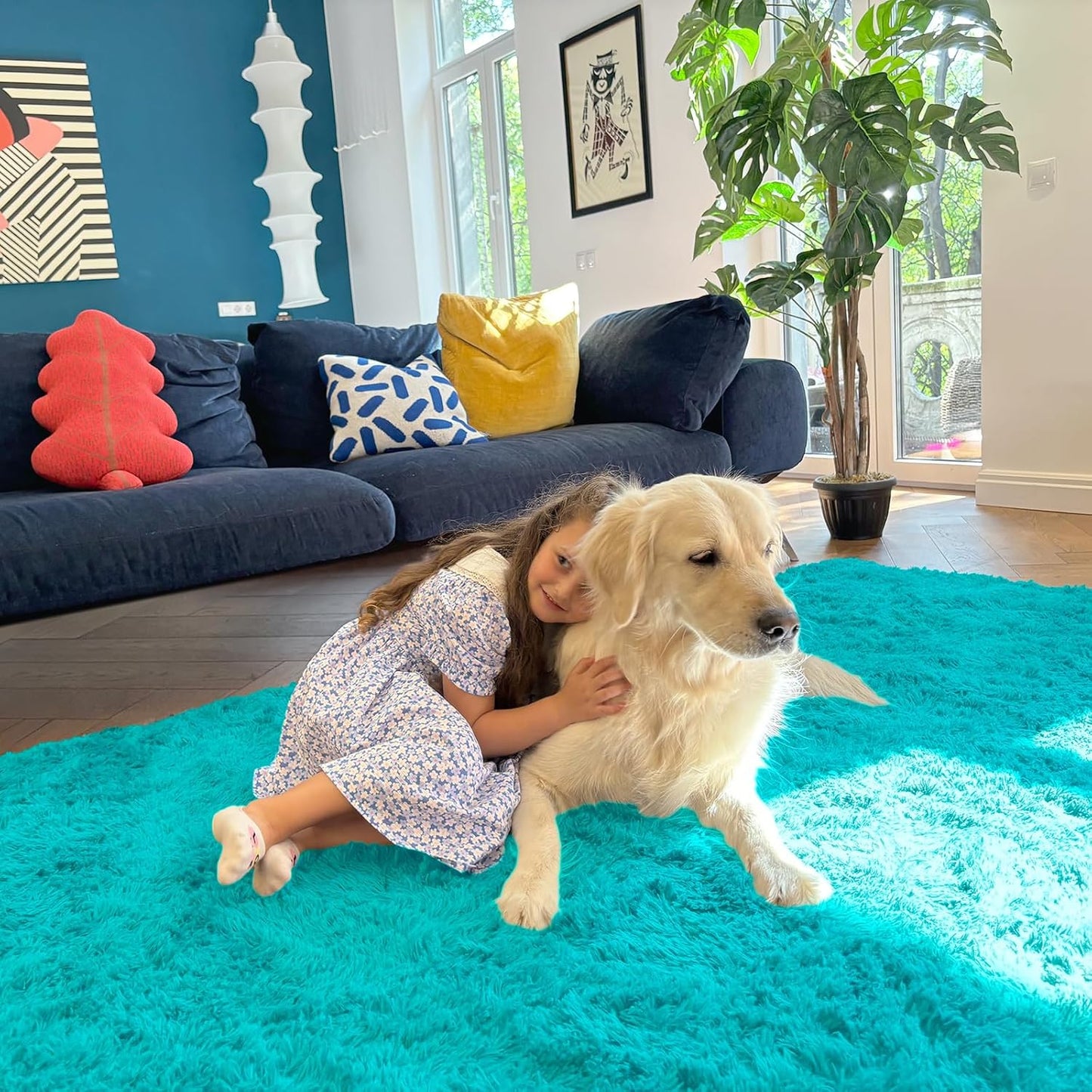 OLANLY Runner Rugs - Soft, Machine Washable Shaggy Carpet for Hallway & Bedroom | Teal Blue