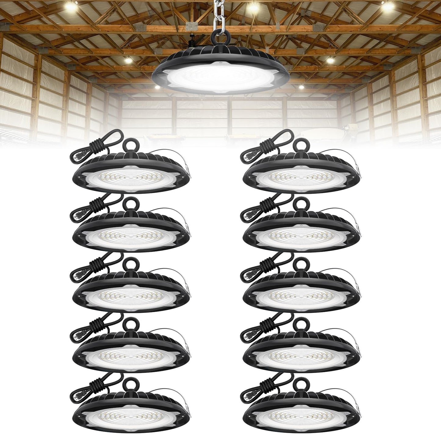 HYPERLITE UFO LED High Bay Light: 150W 19500LM High Bay LED Shop Lights with 6ft Plug - 5000K IP65 LED Warehouse Lights for Workshop Stadium Garage Lighting 10-Pack