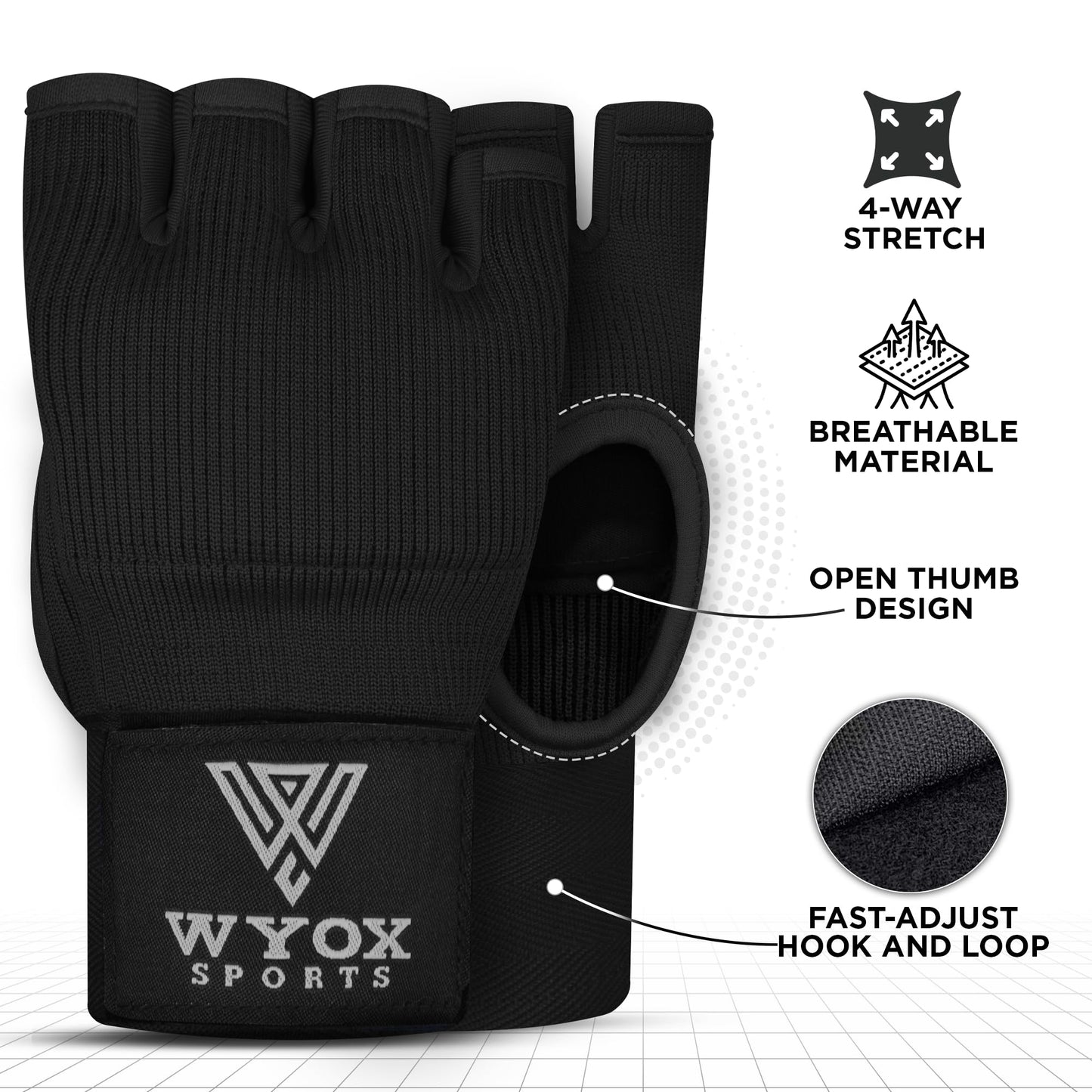 WYOX Gel Boxing Hand Wraps Inner Gloves for Men & Women – 80cm Quick Wrist Strap, Padded Knuckle Support, Fingerless MMA Muay Thai Kickboxing Wraps for Training, Punching & Martial Arts
