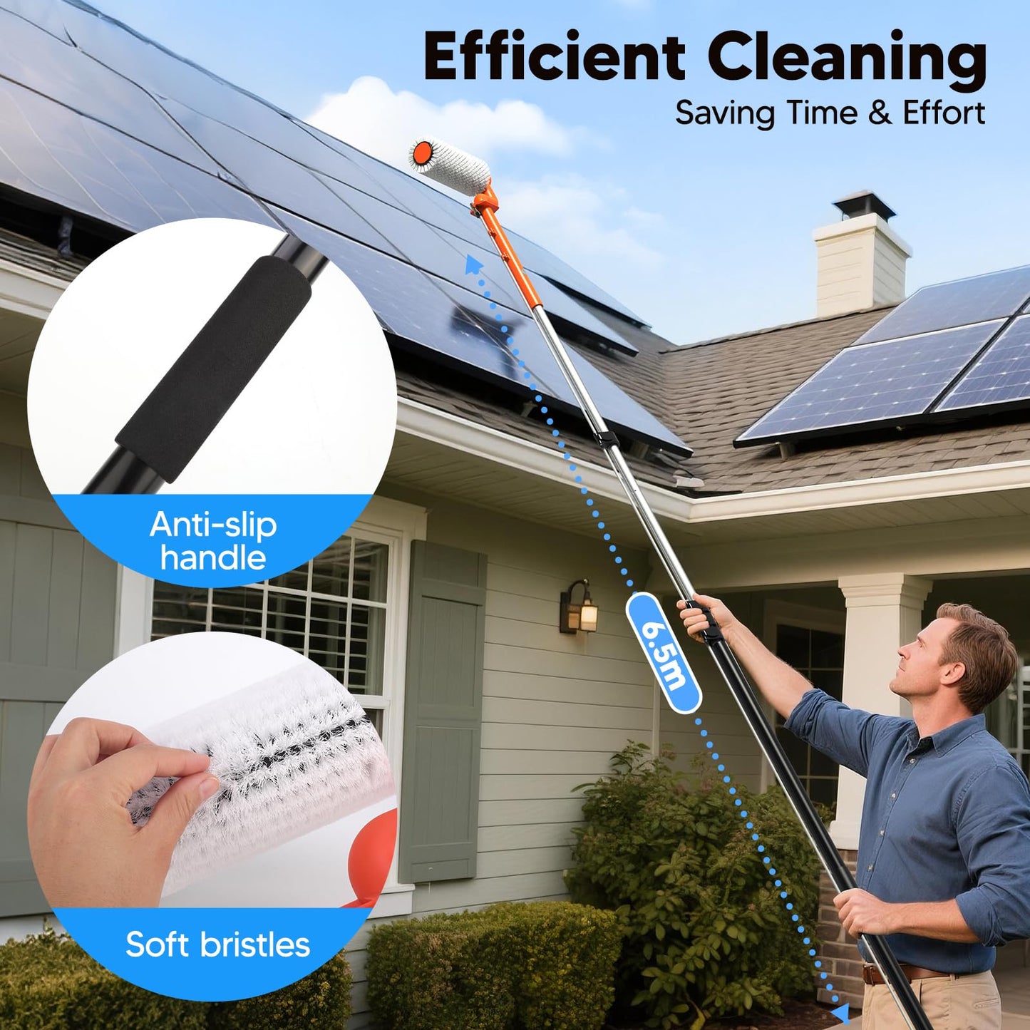 Electric Solar Panel Cleaning Brush and Pole, 20FT Telescopic Cleaning Roller Brush with Water Fed Pole，2 Hours Runtime, 2 Spin Speeds, for Solar Panlel, Outside High Window, Roof (Orange)