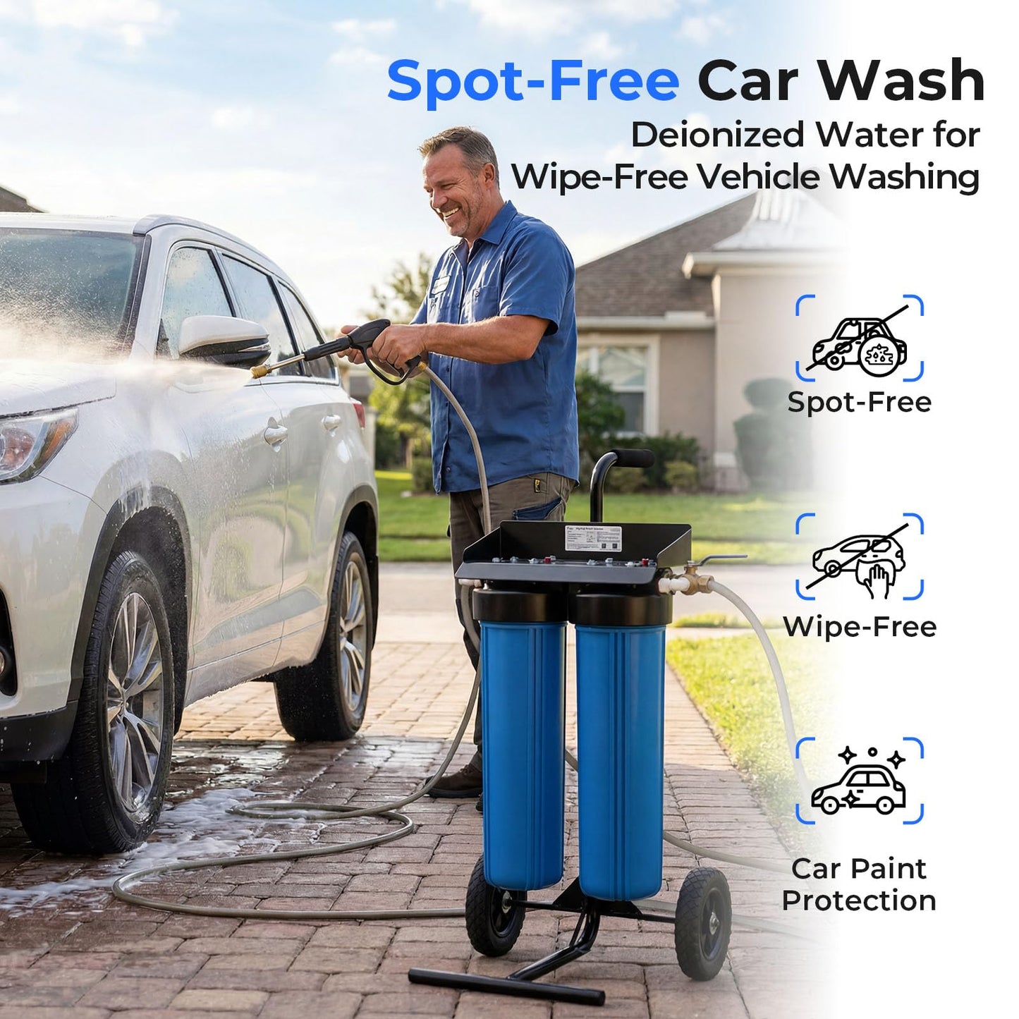 iSpring Spotless Water System for Car Wash, 1200 Gallons Deionized Water System with Bypass Valve & Rolling Cart, Spot Free Car Wash System for Vehicles, RV, Motorcycles & Windows, Model: WGB22BD-BP