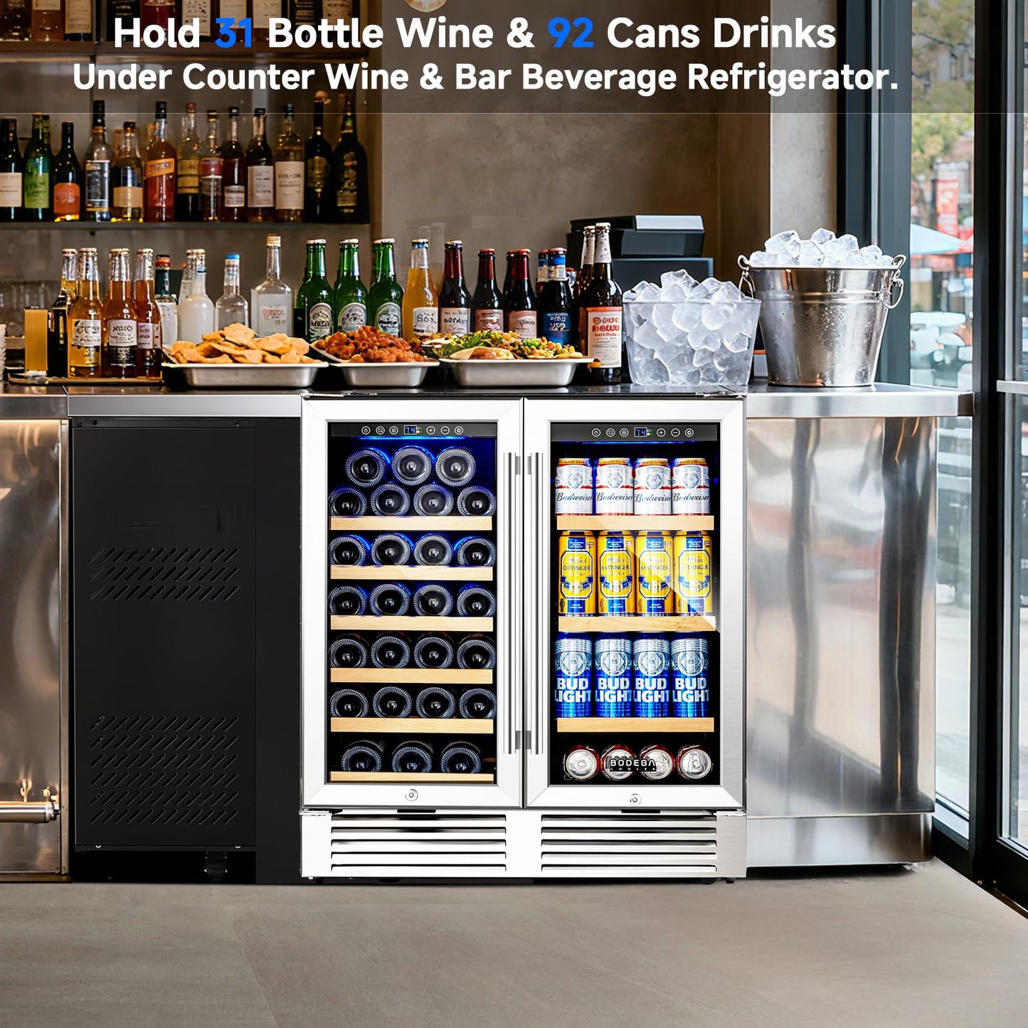 BODEGACOOLER Wine and Beverage Refrigerator,30 Inch Under Counter Commercial Beverage Refrigerator, Large Capacity Back Bar Cooler With 2 Glass Doors,LED Lighting Display Beer Wine Soda Drinks.