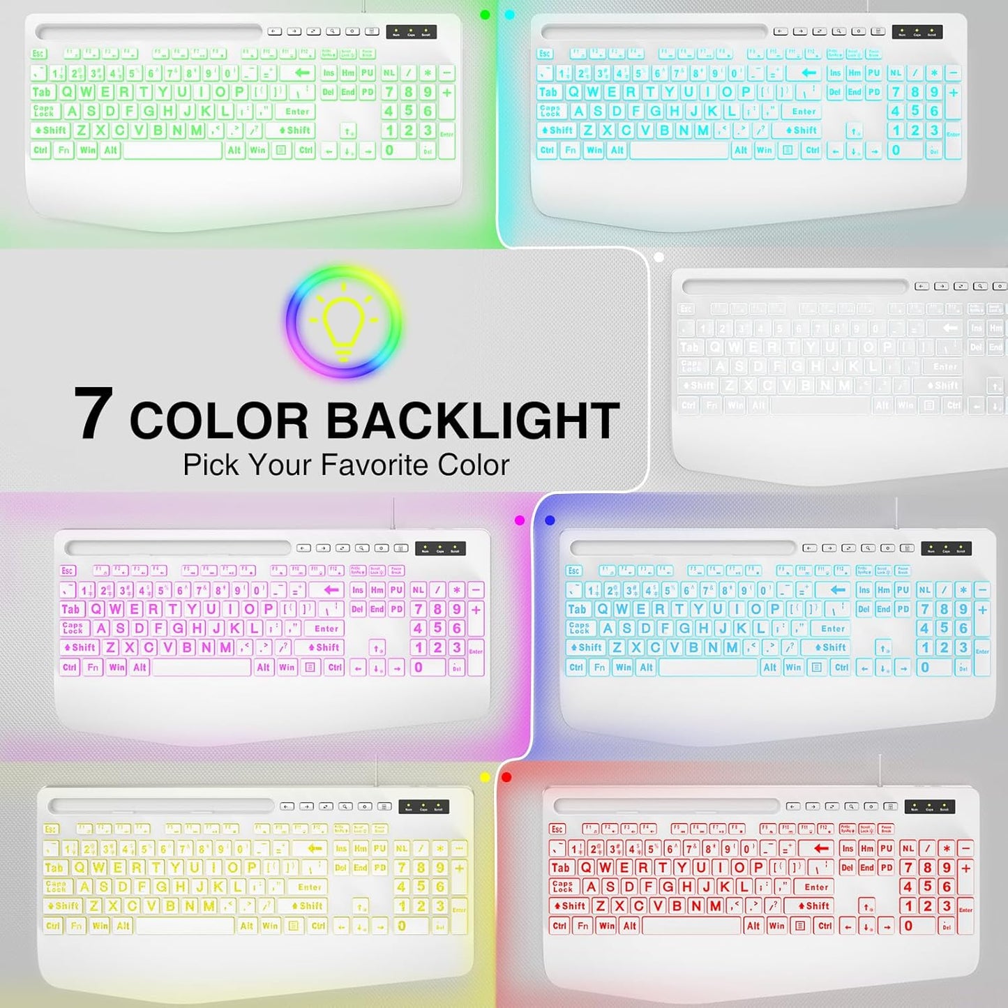 SABLUTE K21Pro 7-Color Large Print Backlit Computer Keyboards, Wired Lighted USB Keyboards with Backlit, Wrist Rest