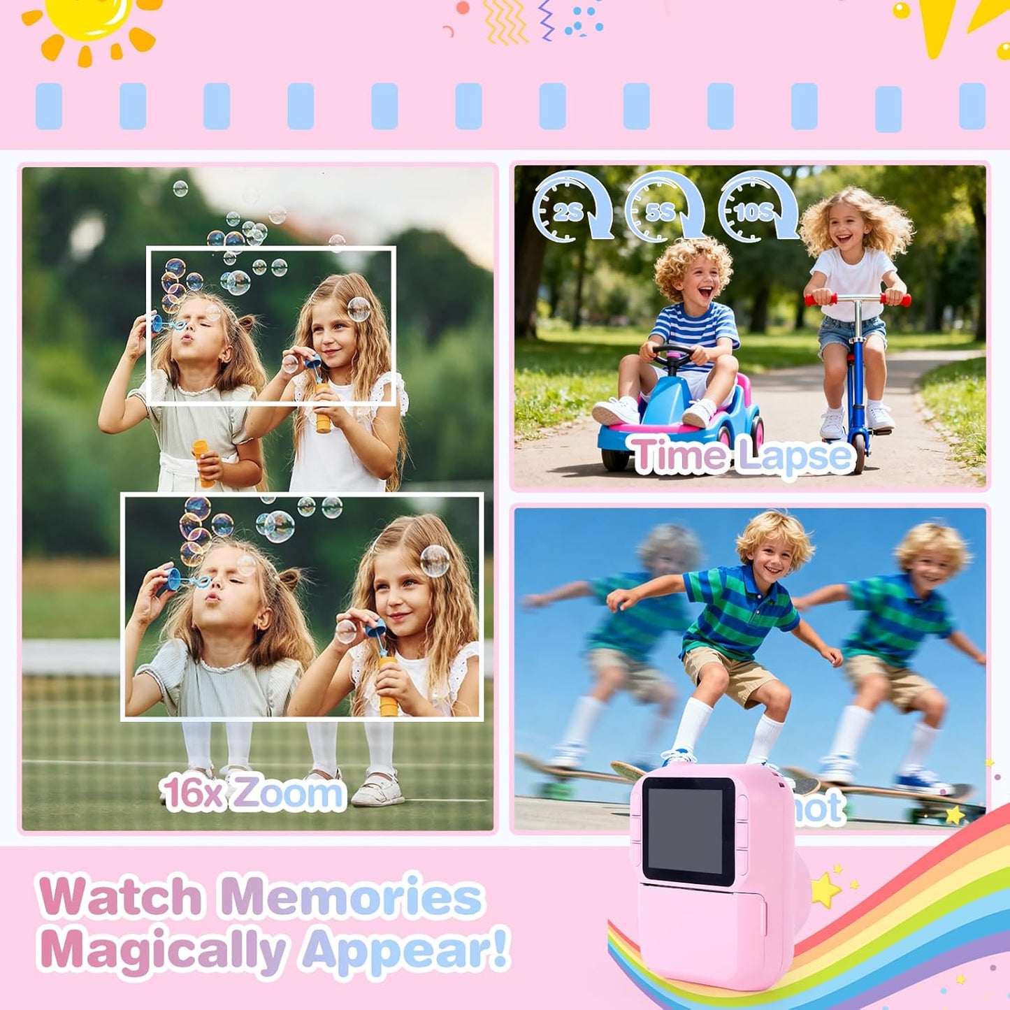 QMWLABS 1080P 32GB MP3 3-12 Kids Camera Instant Print Digital Camera with Thermal Paper, HD Video, Selfie Lens, SD