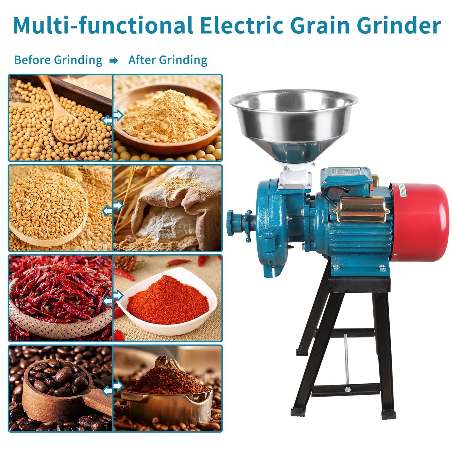 Snowtaros Electric Grain Mill Grinder 3000W 110V, Commercial Corn Grinder with Funnel, Dry Feed Grain Mill Machine, Thickness Adjustable, Powder Grinder for Grain Corn Rice Herbs Pepper (Dry Use)