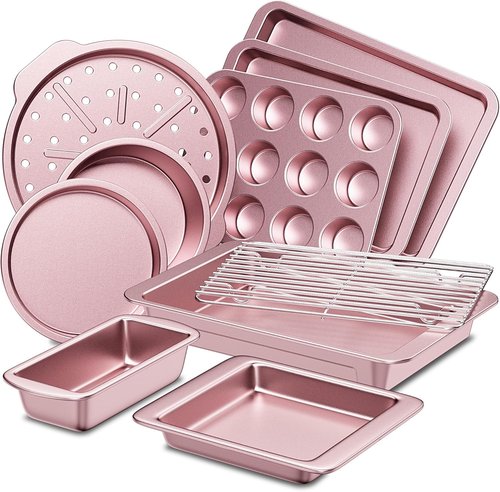 HONGBAKE Nonstick Bakeware Set - 10-Piece Kitchen Baking Pans with Wider Grips | Pink