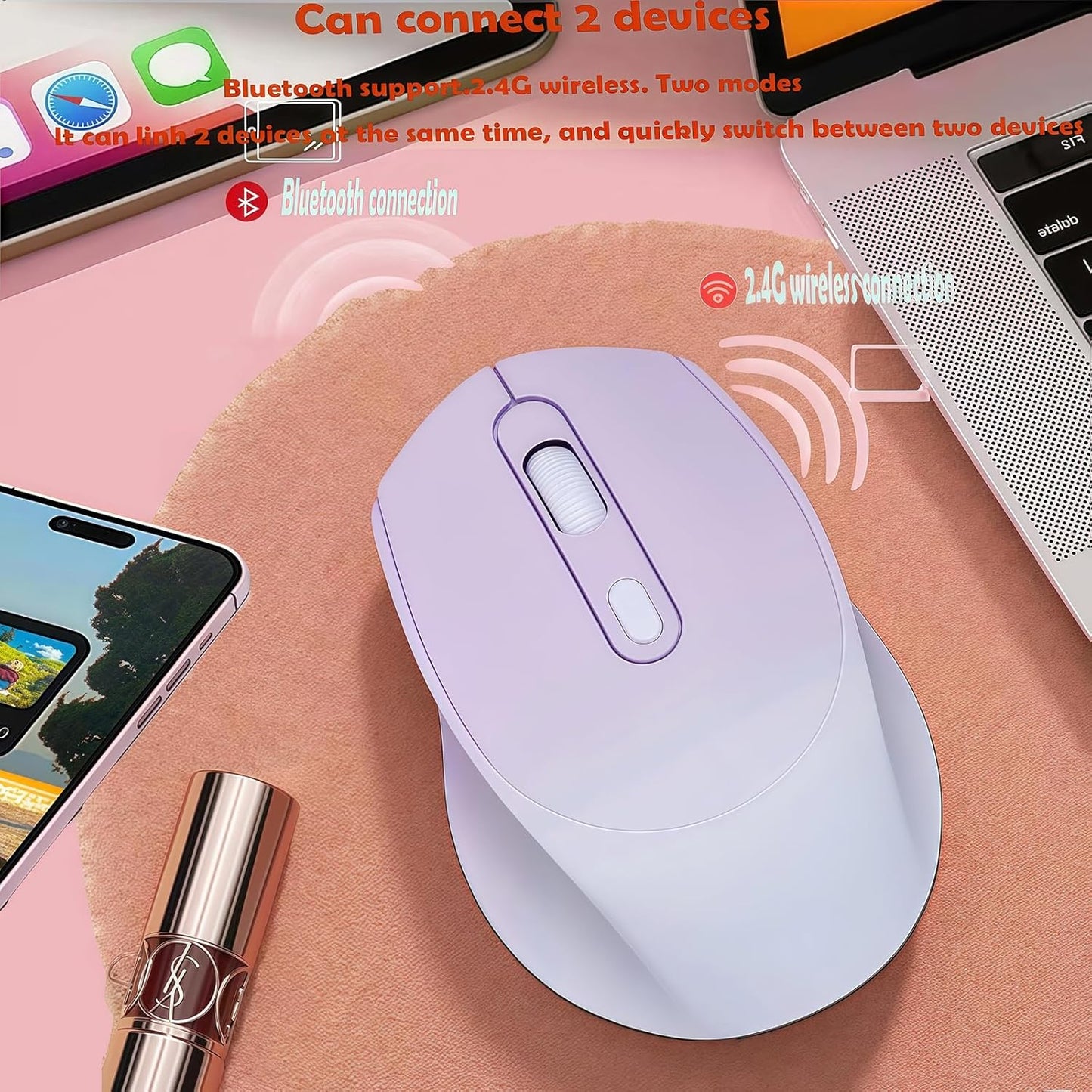 Yadojingcn 2.4G+BT 3 Wireless Gradient Color Rechargable Mouse Slim Silent Dual-Mode Portable Office Mouse with USB