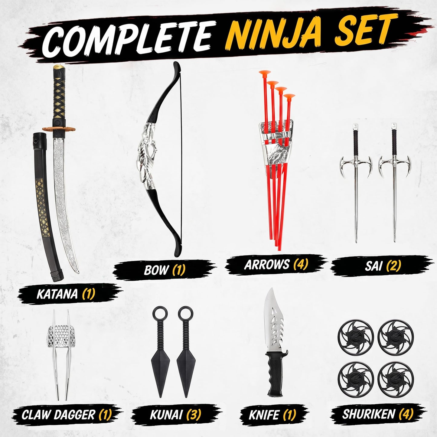 Liberty Imports Ninja Warrior Bow and Arrow Archery Set with Katana Sword, Sai, Melee Toy Weapons for Kids Pretend Role Play Equipment, Cosplay, Costume Accessories