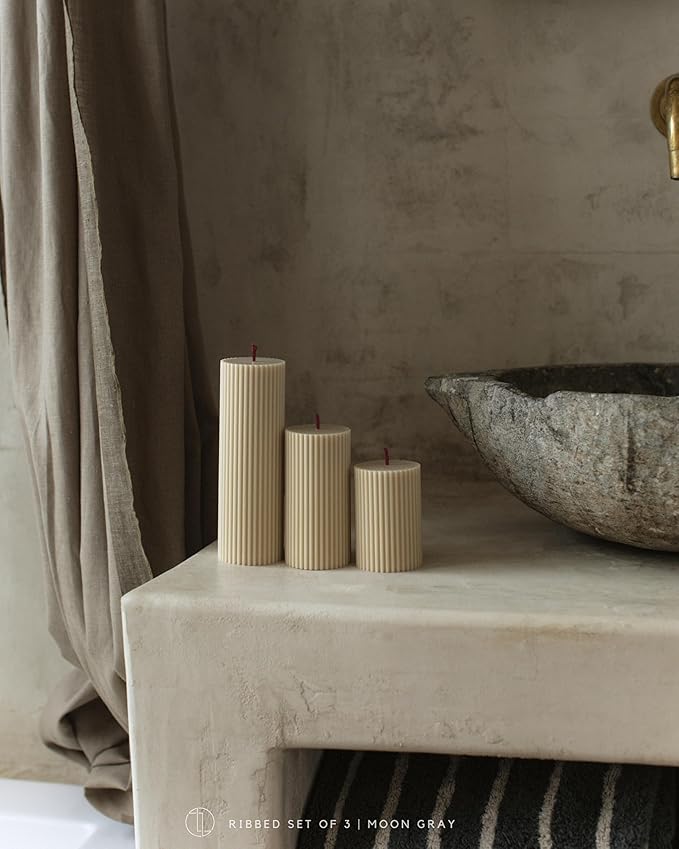 LAWA Roman Handmade Tall Ribbed Pillar Candle - Beautiful Scented Soy Wax Dinner Candle | Classic Aesthetic Decoration Set | Housewarming Gift | Home Room Shelf Decor Idea - Moon Gray (Set of 3)