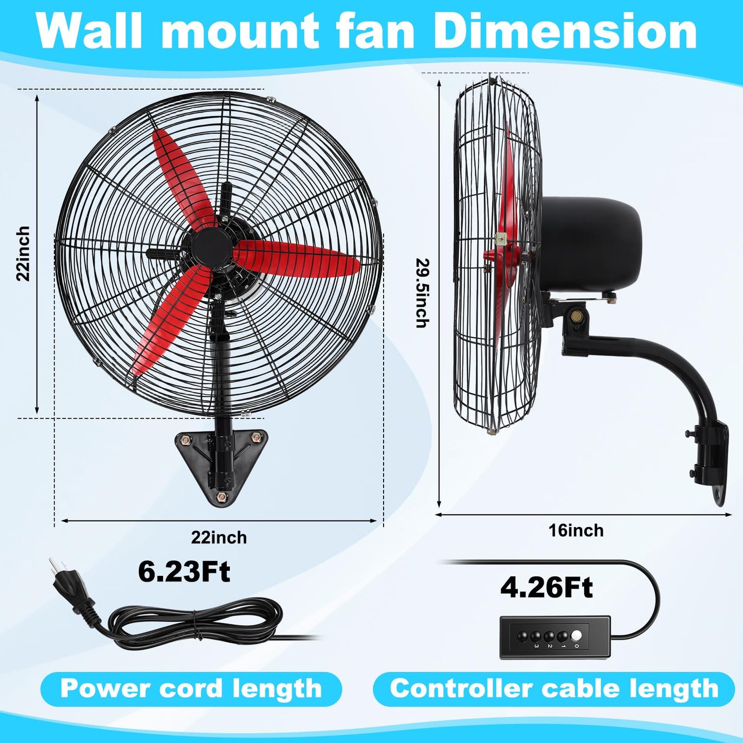 Aurelema 2 Set 22 Inch Wall Mount Fan Oscillating Industrial Heavy Duty Metal 3 Speed Red Blade Fan, 7500 CFM, with Powerful Cooling, for Commercial Residential Garage Warehouse Workshops Factory