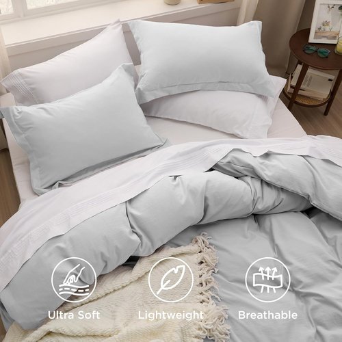 Bedsure King Size Duvet Cover Set - Light Grey Extra Soft Prewashed Cotton-Like Polyester, 3 Pieces with Zipper Closure & 2 Pillow Shams