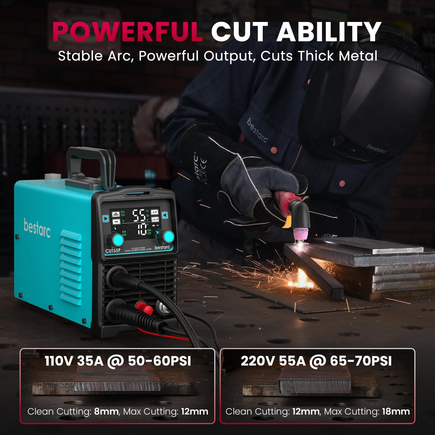 bestarc Plasma Cutter, [Pilot Arc][Large LED Display] 55A bestarc Plasma Cutter Machine 110/220V Dual Voltage, 5/8 Inch Clean Cut 3/4 Inch Max Cut, Post Flow Mesh Cut, 2T/4T for Beginners DIY