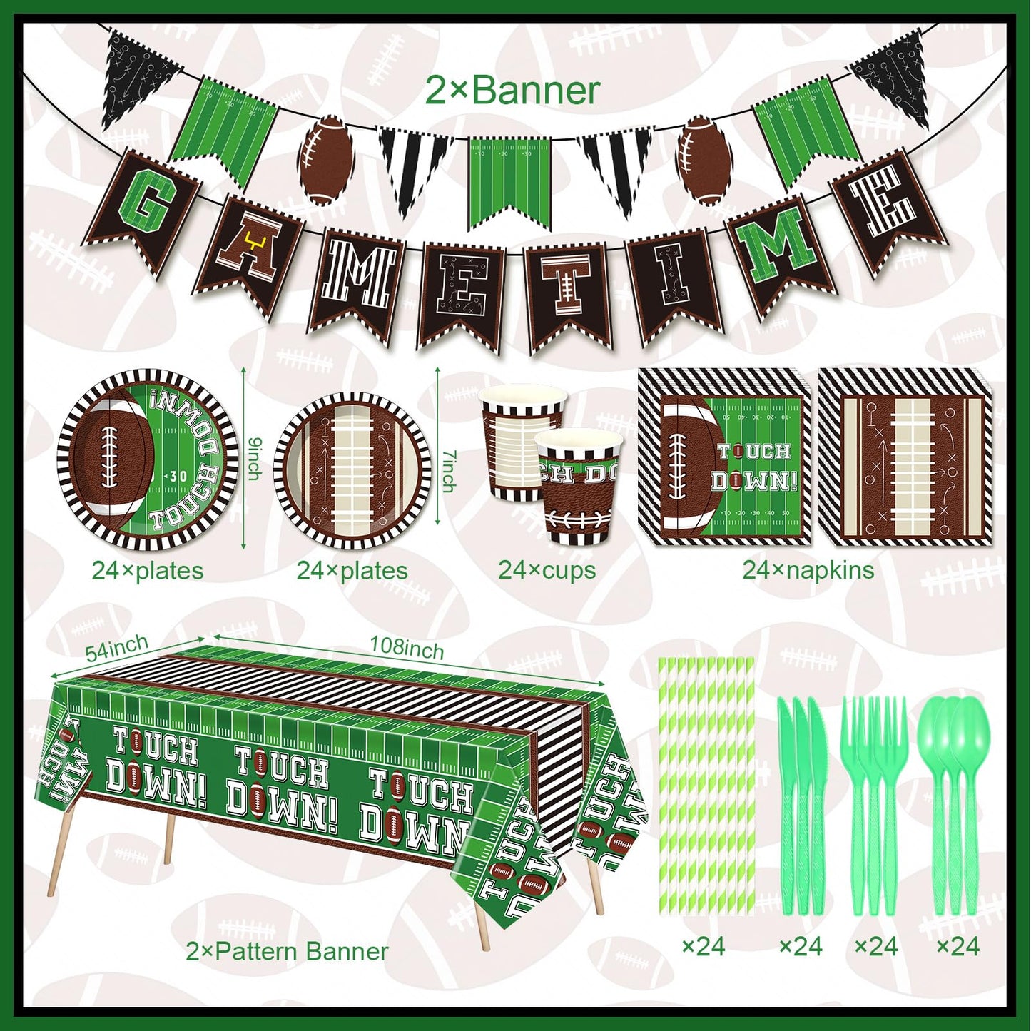 Zhehao 196 Pcs Football Birthday Party Decorations Serve 24 Guests Football Party Supplies Tableware Set Banner Tablecloth Plates Cups Cutlery Straws Napkins for Birthday Day Tailgate Decorations