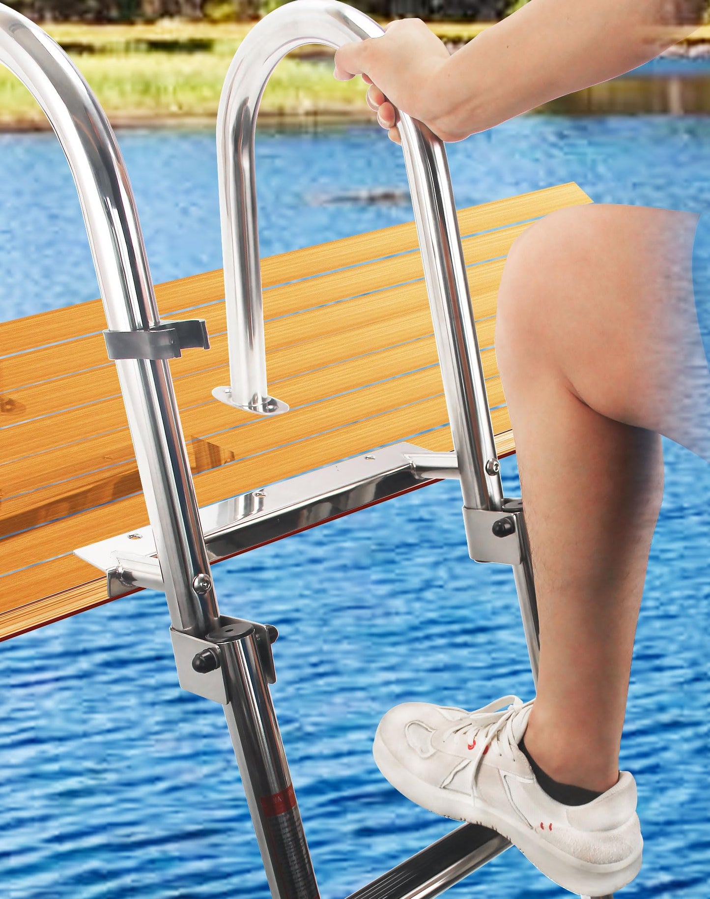 Mojiate 4-Step Stainless Steel Telescoping Dock Ladder for Pontoon Boats - Heavy Duty 600lbs Capacity, Foldable Rear Entry Swim Ladder with Wide Anti-Slip Pedals & Handrails
