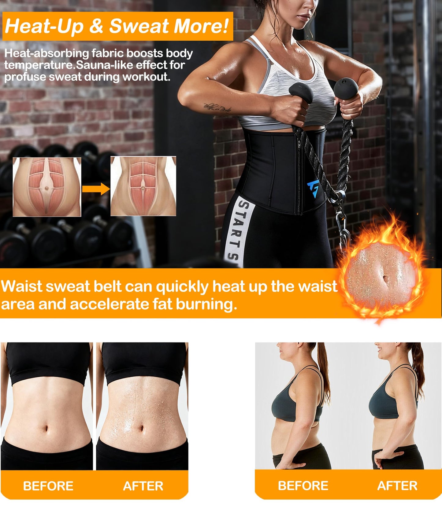 FUXERT Womens Waist Trainer with Zipper Sweat Waist Trimmer for Women Sweat Belt Band Sports Sauna Suit（BK XXL Black