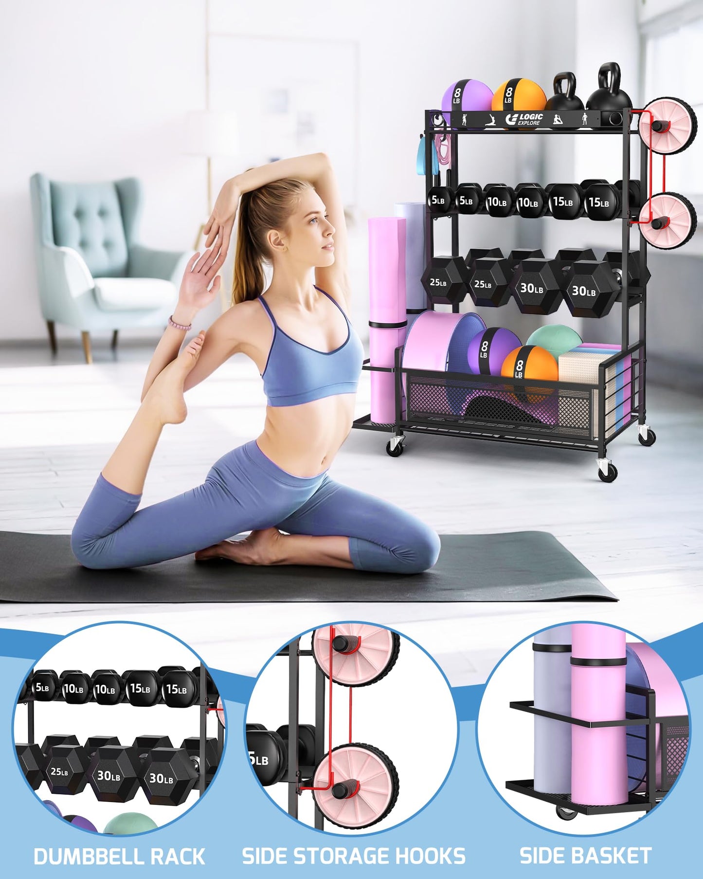 Logicexplore Dumbbell Rack Weight Storage Stand, Adjustable Weight Rack with Wheels, Metal Workout Equipment Storage Organizer, Home Gym Storage Organizer for Dumbbells, Kettlebells, Yoga Mat, Foam Roller