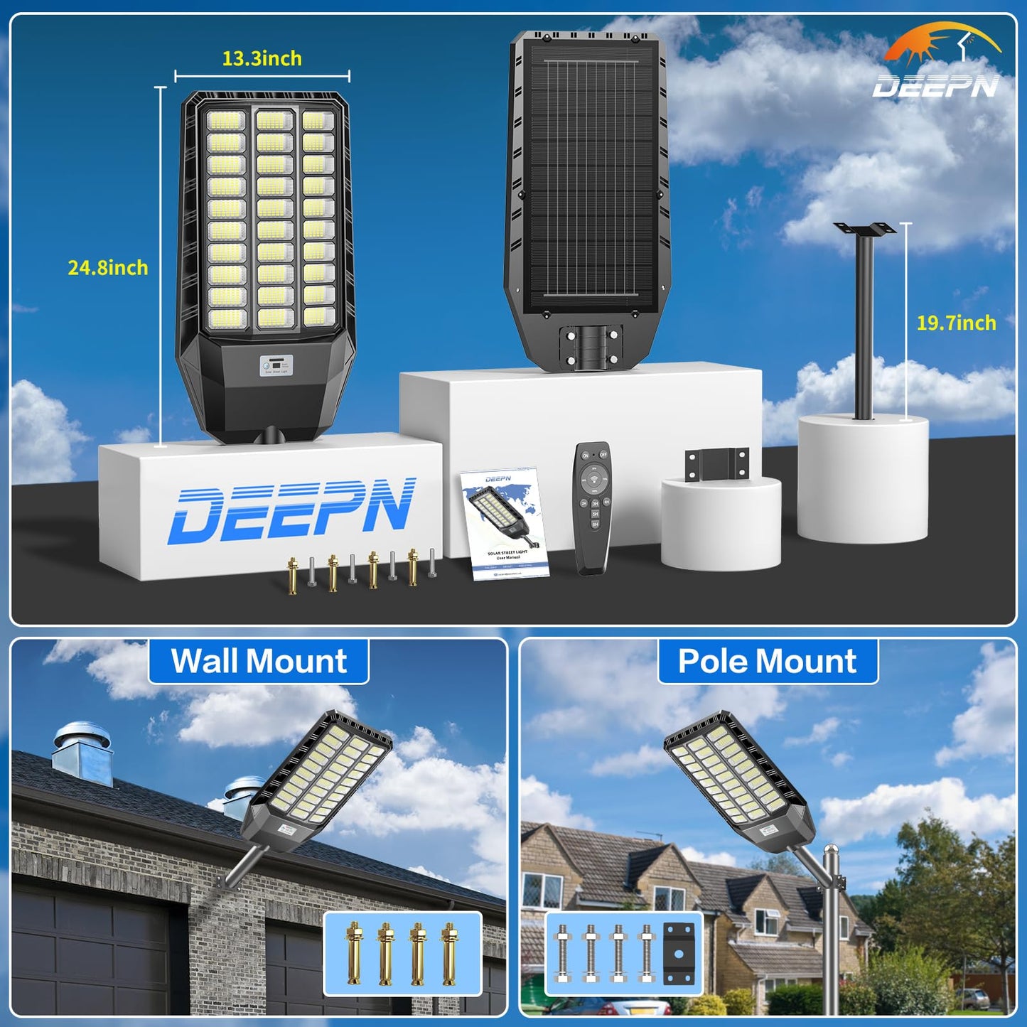 Deepn Solar Street Light, Commercial Grade Solar Lights Outdoor IP67 Waterproof, 9800W LED Flood Security Lights Motion Sensor & Dusk to Dawn Outdoor Lighting for Parking Lots, Streets & Yard, 1 Pack