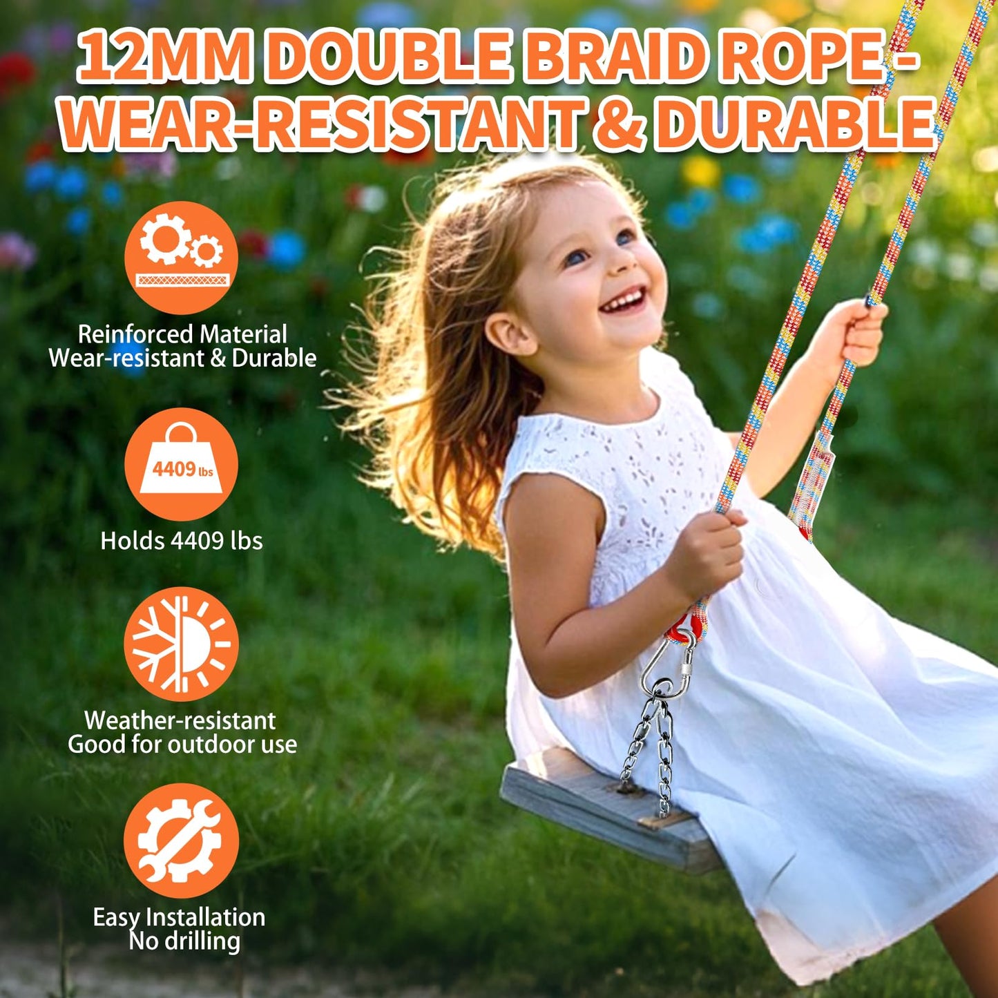 Werfeito Tree Swing Ropes (Set of 2), 5FT/10FT/15FT/20FT, Tree Swing Straps Hanging Kit Holds 4400 lbs, Heavy Duty Carabiners for All Swing Hammock Playground Set Accessories (15FT)