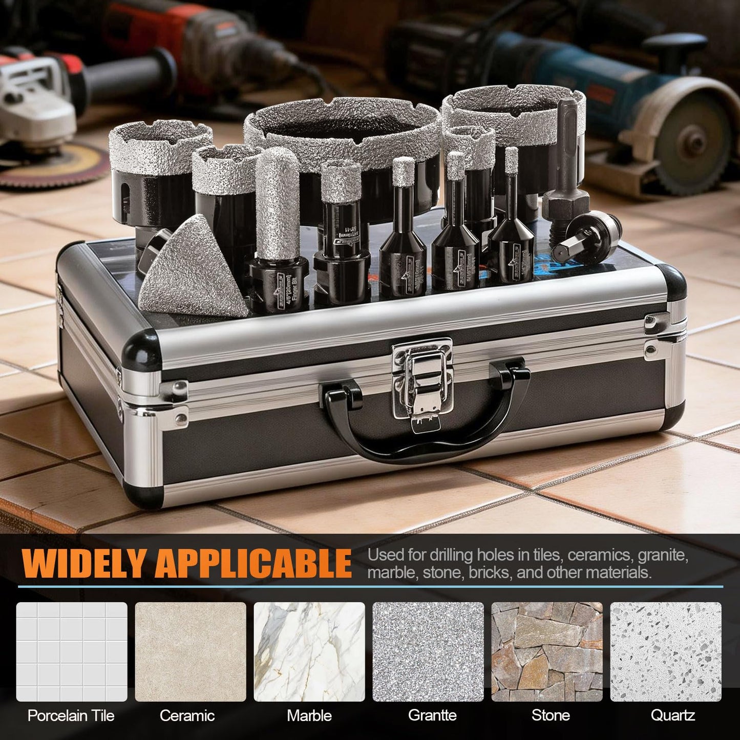 13 PCS Diamond Hole Saw Kit Tile Drill Bits, Diamond Core Drill Bits Set 6/8/10/19/25/35/51/75/100mm+50mm Chamfer Saw +20mm Finger Bit+SDS Adapter Porcelain Hollow Drill Hole Saw for Ceramic, Granite