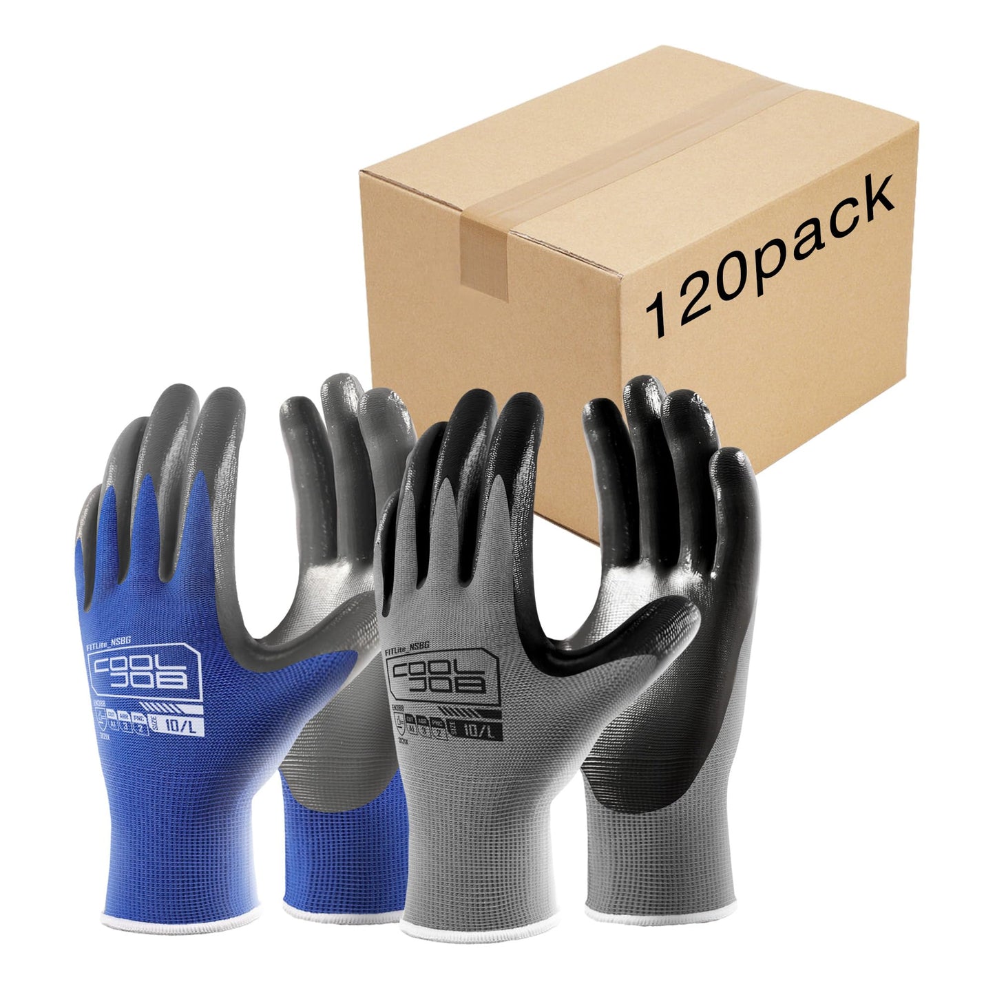 COOLJOB 120 Pairs Safety Work Gloves for Men Women Non-slip, Nitrile Rubber Coated Working Garden Yard Gloves Bulk with Grip, Palm Dipped Oil Resistant and Hand-friendly MultiPack (Blue Gray, X-Large)