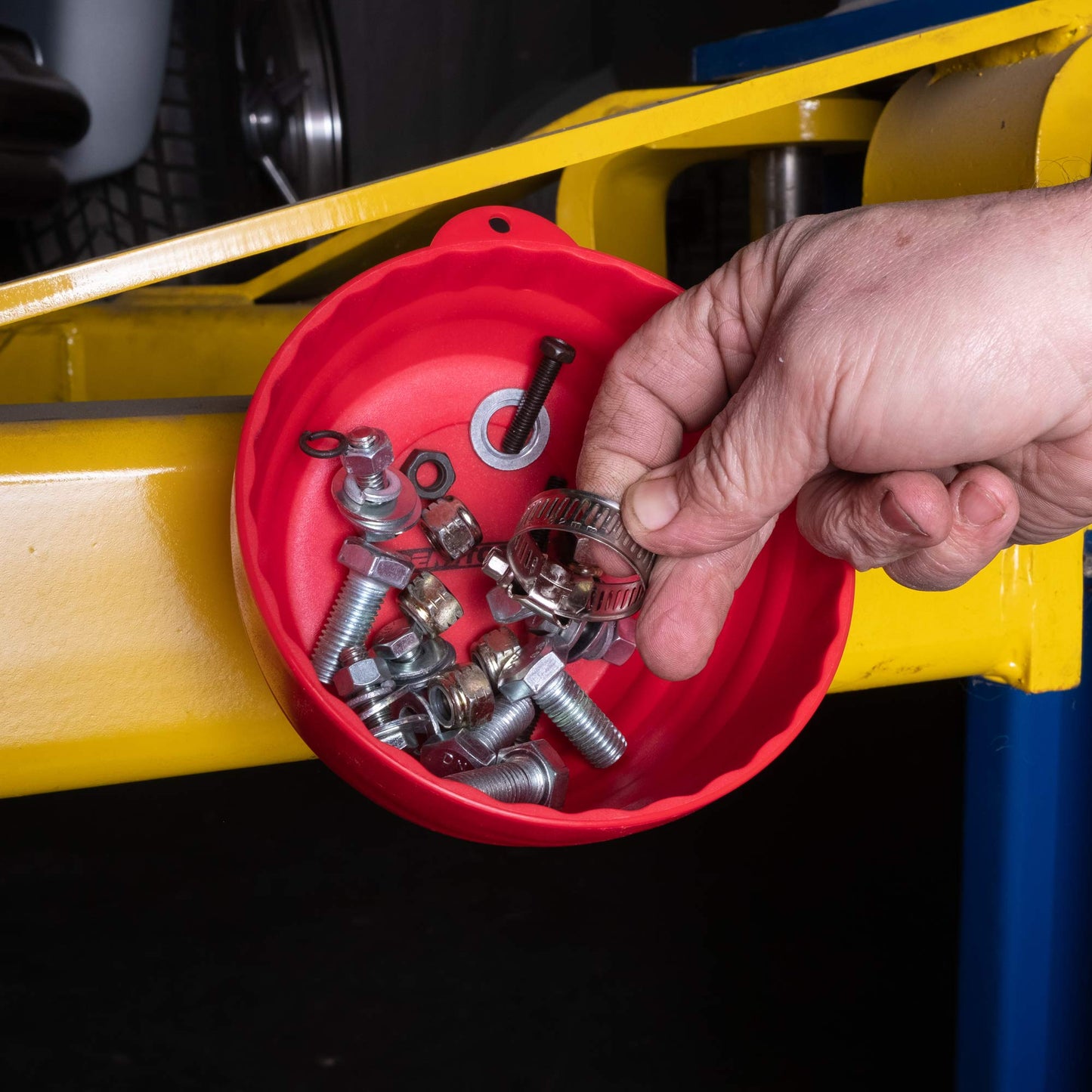 OEMTOOLS 25333 Red Magnetic Nut Cup, Curved Magnetic Parts Tray Holds Up to 5 Pounds, Attaches To Metal Surfaces, Multi-Use Nuts And Bolts Organizer Made From Durable ABS Plastic