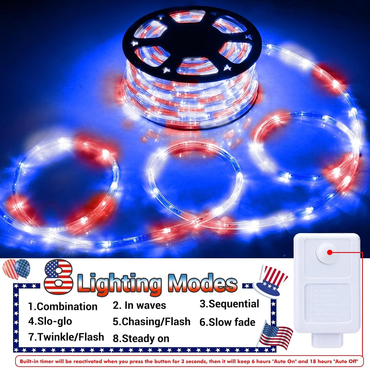 Skiennix 200ft LED Rope Lights - Waterproof Flexible Tube Lighting with 8 Modes | Red, White & Blue Decor