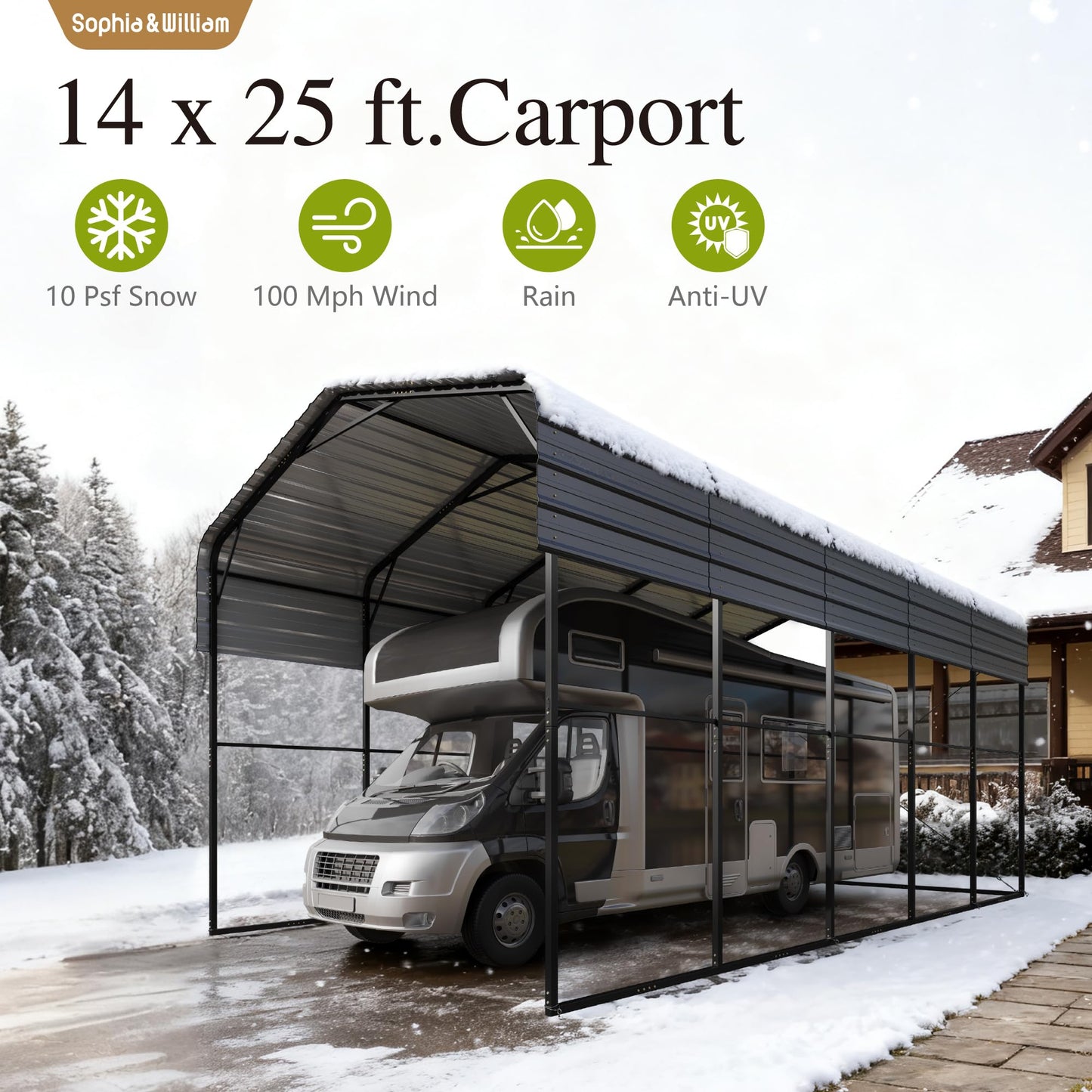 Sophia & William 14x25x13FT Heavy-Duty RV Carport Extra-Tall Shelter for Class A/B/C RVs, Trailers & More (Galvanized Steel Roof), Dark Grey