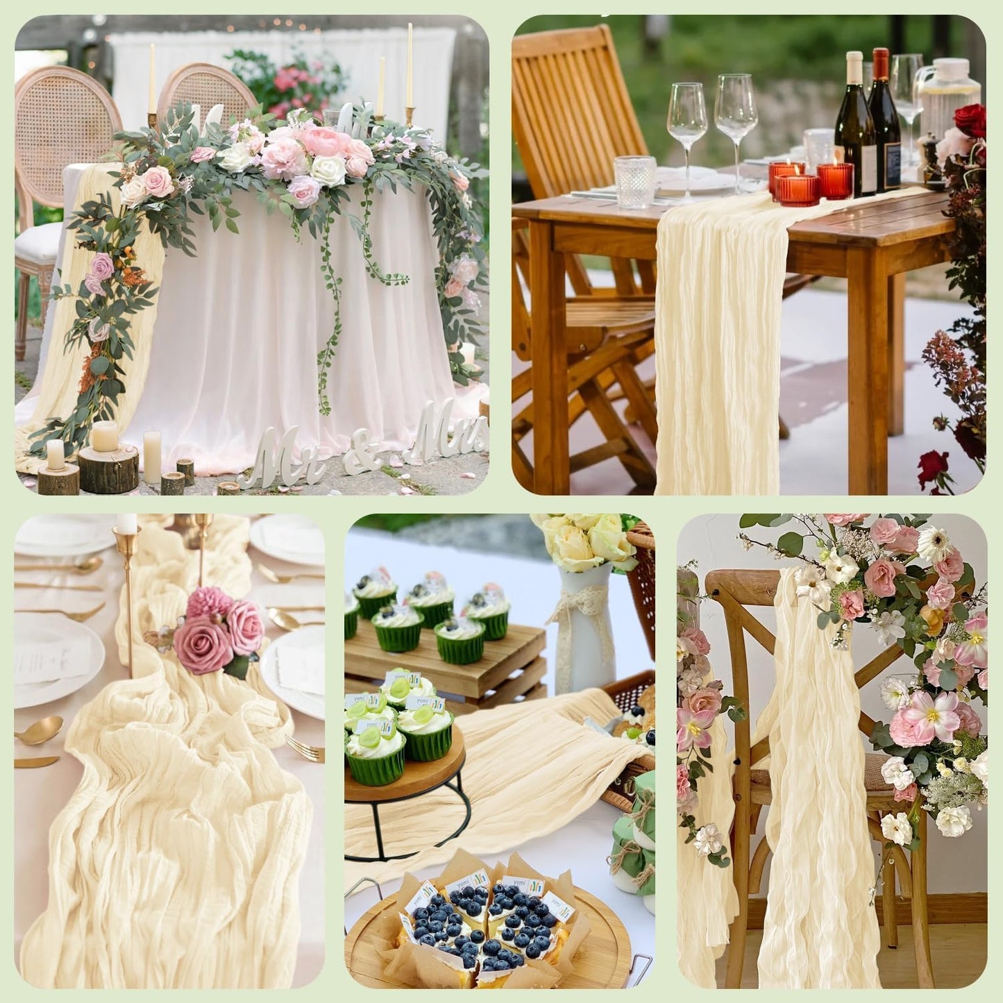 Skiennix Table Runner - 10FT Beige Boho Gauze Cheesecloth for Rustic Wedding & Party Decor