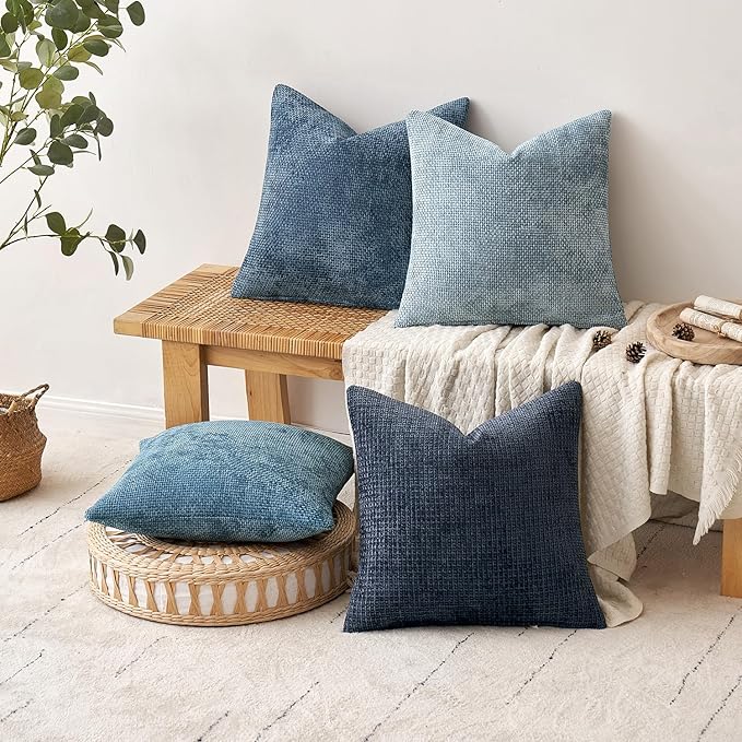 MIULEE Pack of 4 Couch Throw Pillow Covers 16x16 Inch Neutral Blue Soft Decorative Chenille Pillow Covers Farmhouse Accent Cushion Covers for Boho Western Spring Coastal Decor Sofa Bed Living Room
