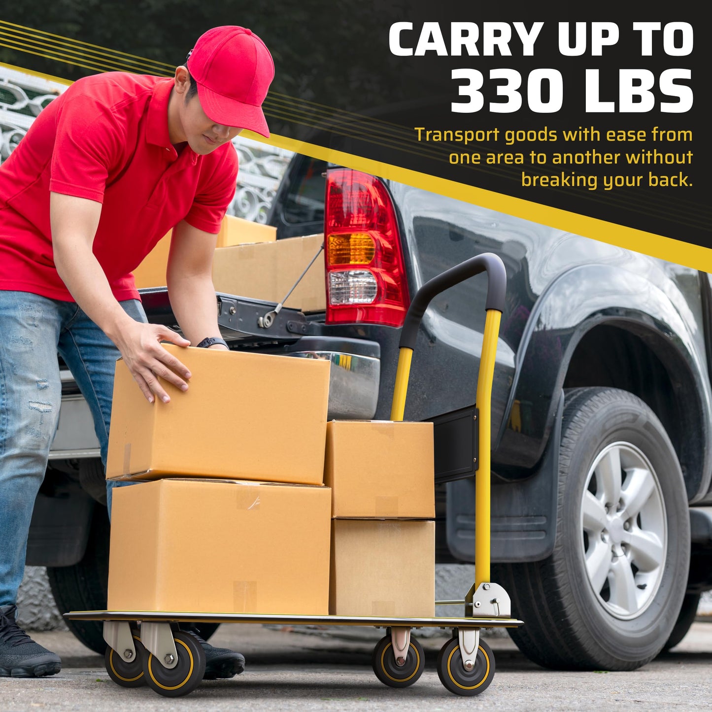 Heavy Duty Foldable Push Cart Dolly | 330 lbs. Capacity | Upgraded Collapsible Hand Truck Folding Platform with Swivel Wheels | Flat Bed Moving Wagon | Space Saving Push Handle (Yellow)