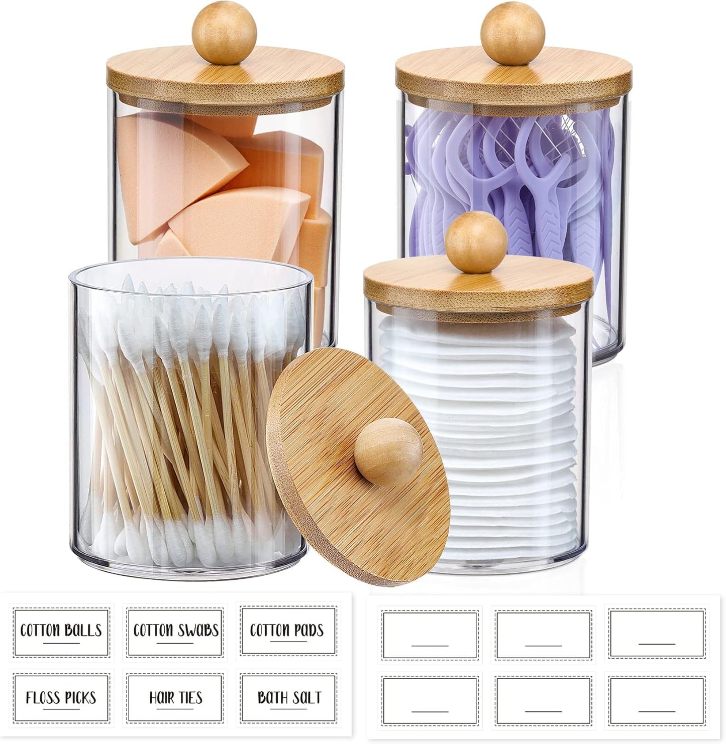 Qtip Holder Dispenser by [Brand Name] - 10 oz Clear Plastic Apothecary Jar with Bamboo Lids | Stylish Vanity Organizer for Cotton Swabs and Makeup Accessories