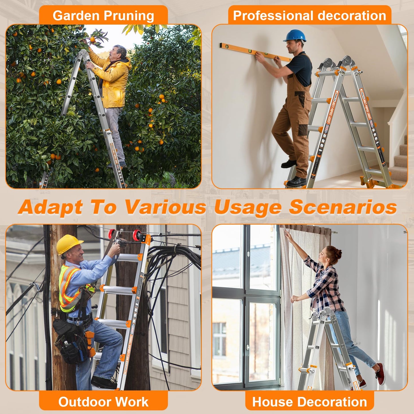 Wolec 17FT A Frame Extension Ladder, Aluminum Alloy 5-Step Ladder with Stabilizer Bar & Rolling Wheels, 330 LBS Heavy Duty, Multi-Use Ladder for Stairs Home Roof Indoor Outdoor Projects (Orange)