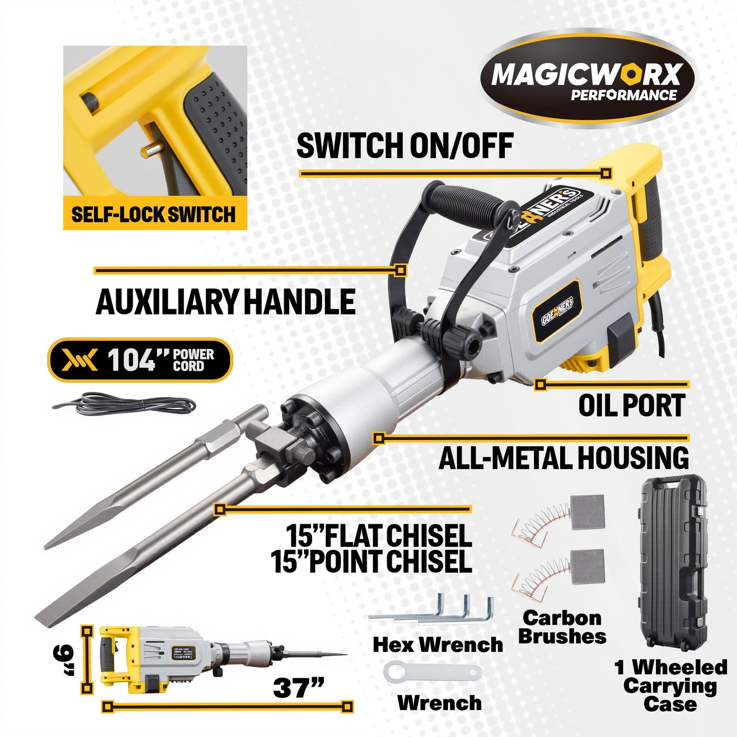 Demolition Jack Hammer Drill, MAX 3500W Jack Hammer Concrete Breaker 1900 BPM Heavy Duty Electric 60J Hammer Drill Chisel for Trenching and Breaking Holes (Orange)