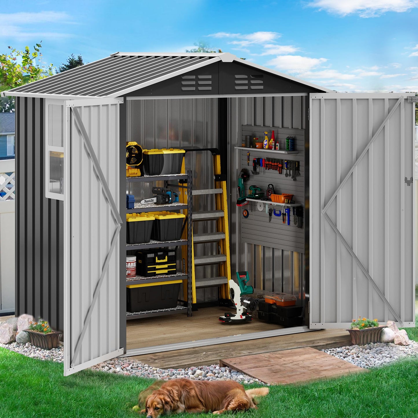 DWVO 6x4ft Large Tool Storage Shed with Window, Lockable Doors, and Sloped Roof, Oversized Steel Outdoor Storage Shed for Garden, Patio, Garage, Backyard, Lawn - Gray White