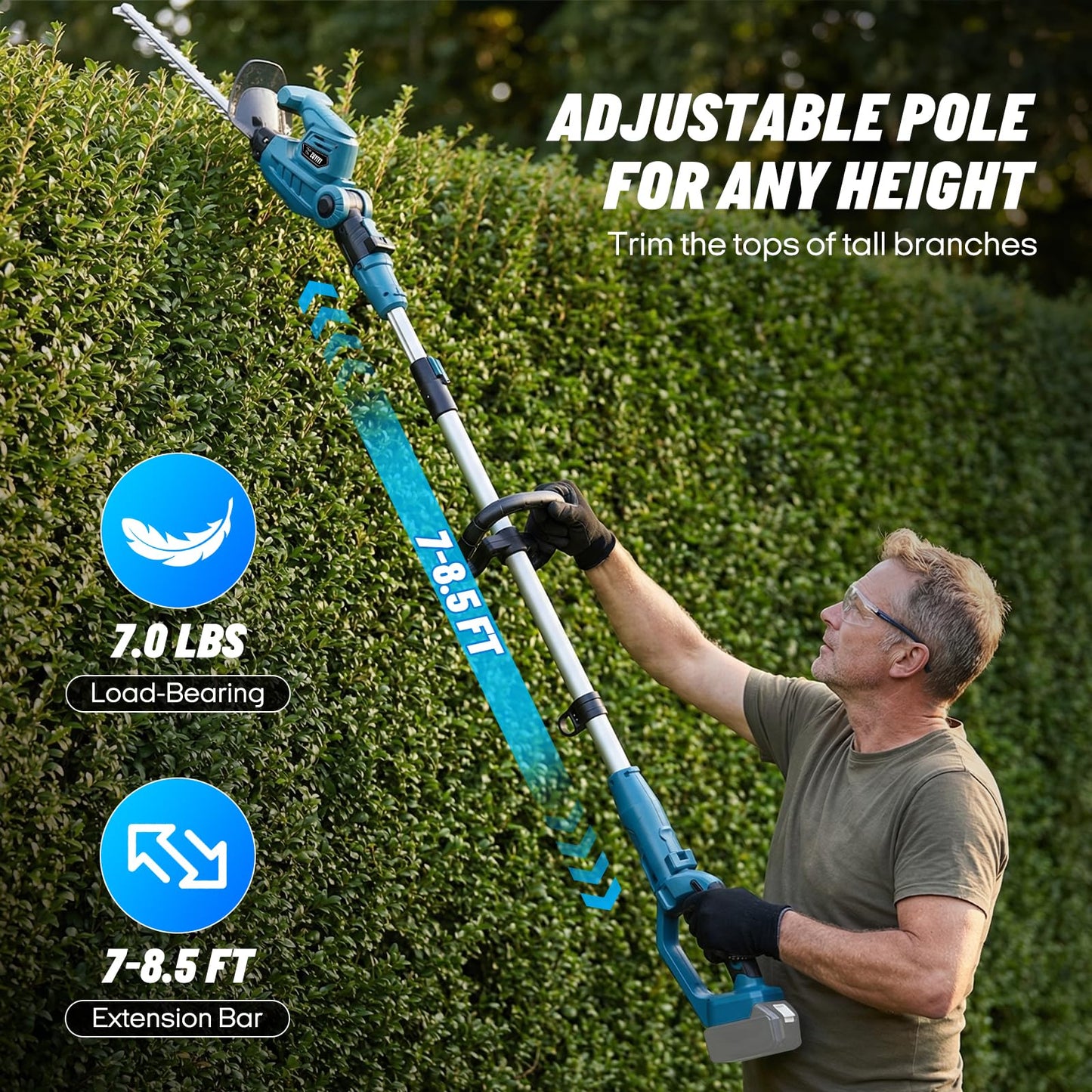 ZUYIYI Pole Hedge Trimmer Cordless for Makita 18V Battery, 2-in-1 Handheld & Long Reach Hedge Trimmer w/ 8.5FT Extension Pole, 20" Dual-Action, 3/4" Cutting Capacity, 150° Adjustable Head (Tool Only)