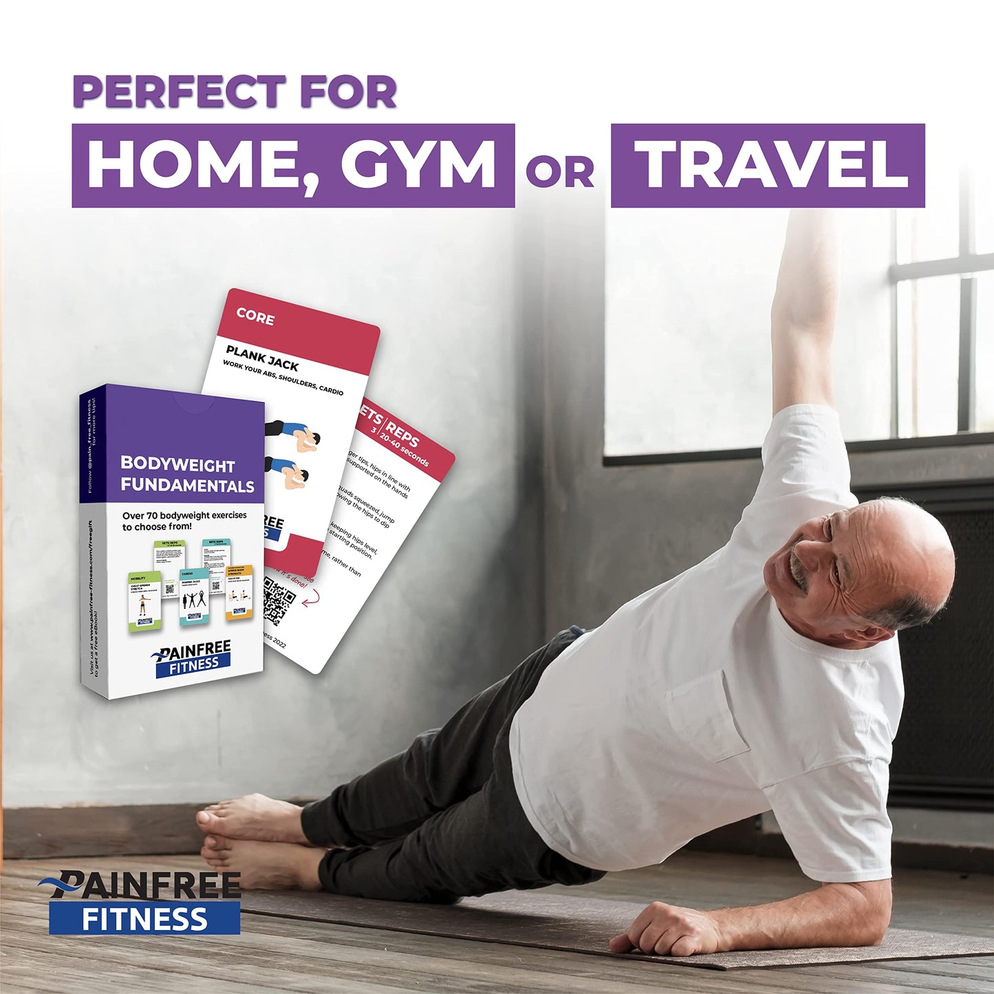 65 Bodyweight Workout Cards Deck 3x5''- Fundamental Exercise Cards for Home Workouts - Beginner to Intermediate - QR Video Guides & Inclusive Artwork - Tear-Resistant