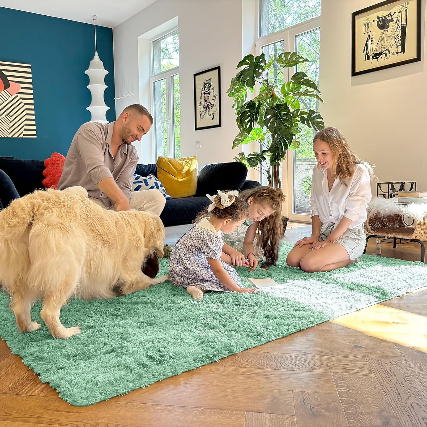 OLANLY Soft Fluffy Shaggy Bedside Rug - 3x5 Machine Washable Indoor Carpet in Mint Green for Kids & Nursery
