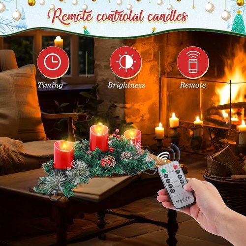 Mudder Christmas Table Centerpiece Set - 20'' Steel Base with 3 Flameless LED Candles & Red Berry Decor
