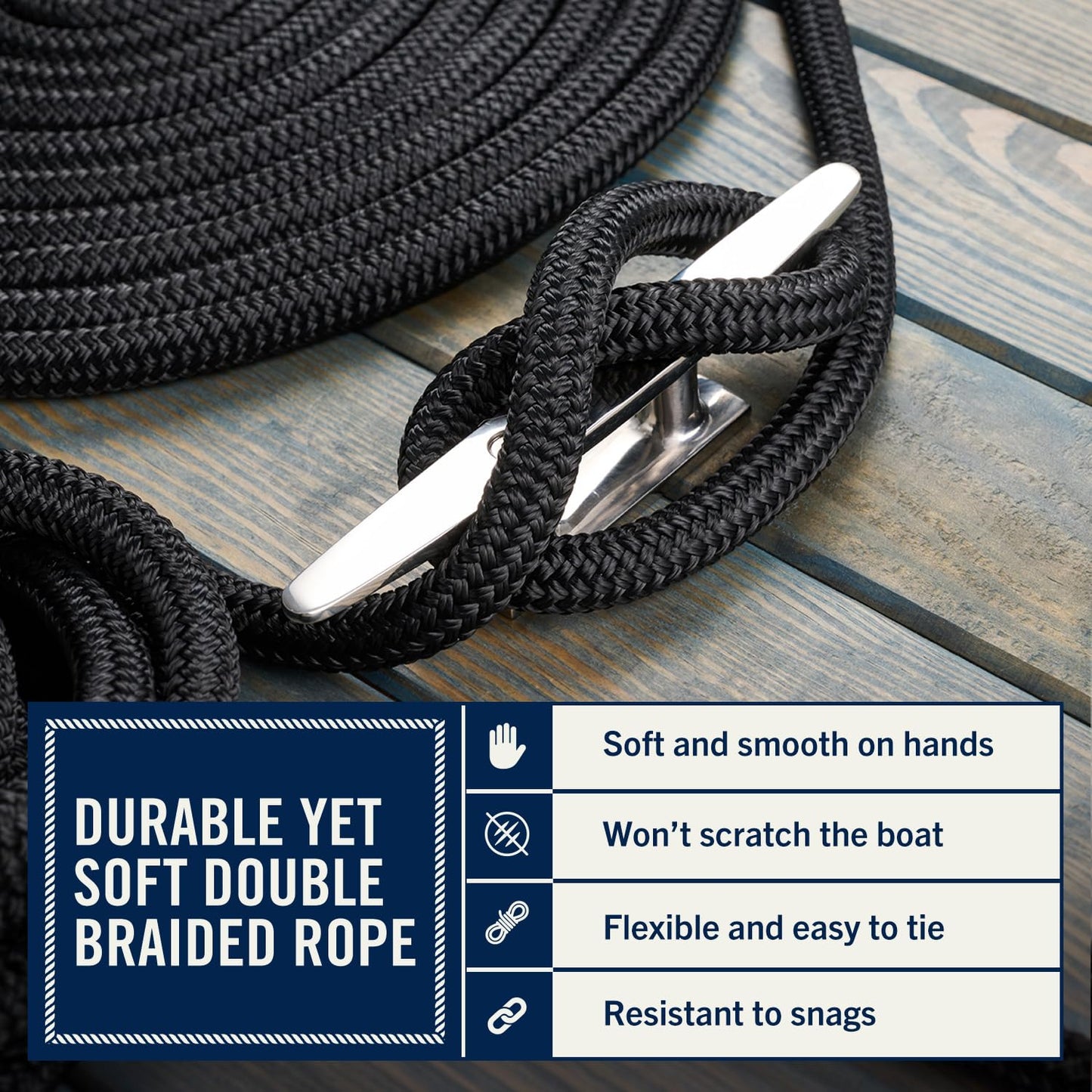 RainierSupplyCo Dock Lines 4-Pack - Boat Rope for Docking with Loop - 15 ft x 3/8 Inch Premium Double Braided Nylon Marine Rope - Mooring Line with 12" Eyelet - Boat Accessories - Black
